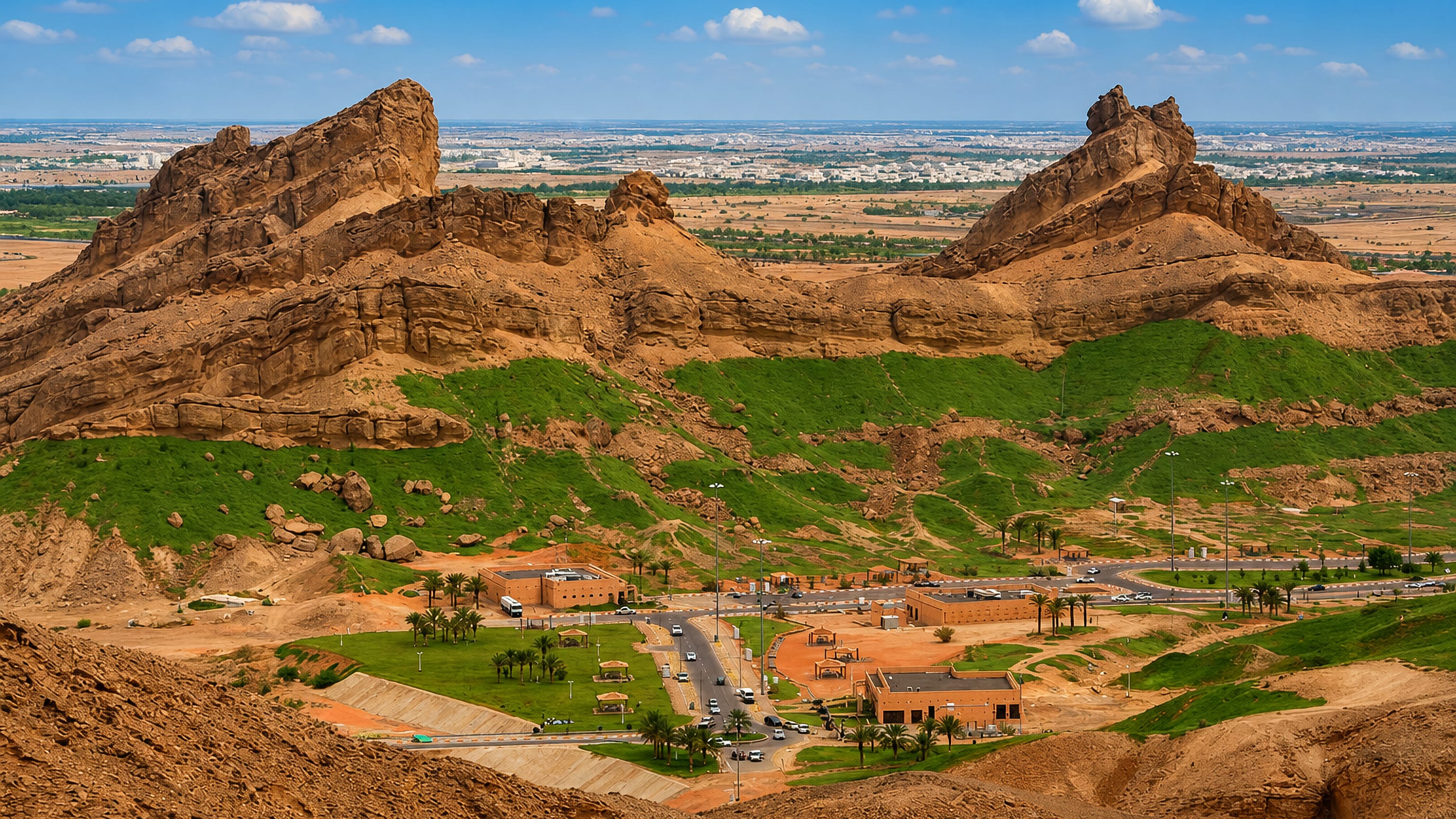 Rocky ridges and grassy slopes of Jebel Hafeet above Green Mubazzarah, with Al Ain City on the plain beyond.
