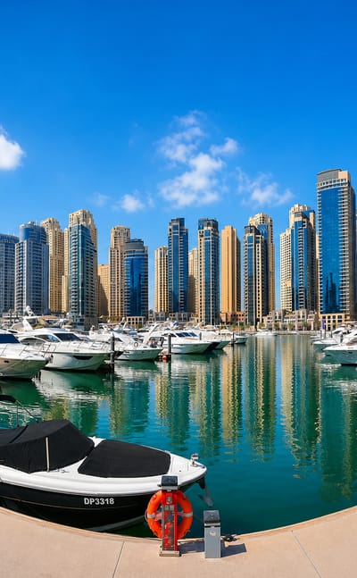Dubai Marina's yacht-lined harbour backed by a dense cluster of waterfront skyscrapers under a clear blue sky.