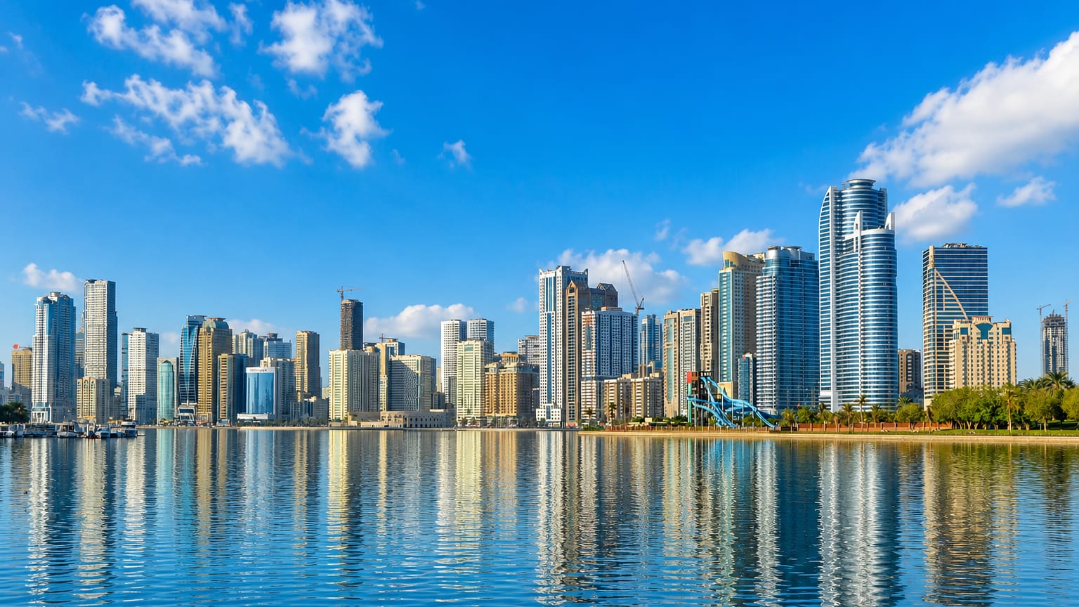Sharjah's waterfront skyline of high-rise towers reflected in the calm blue water of Khalid Lagoon.
