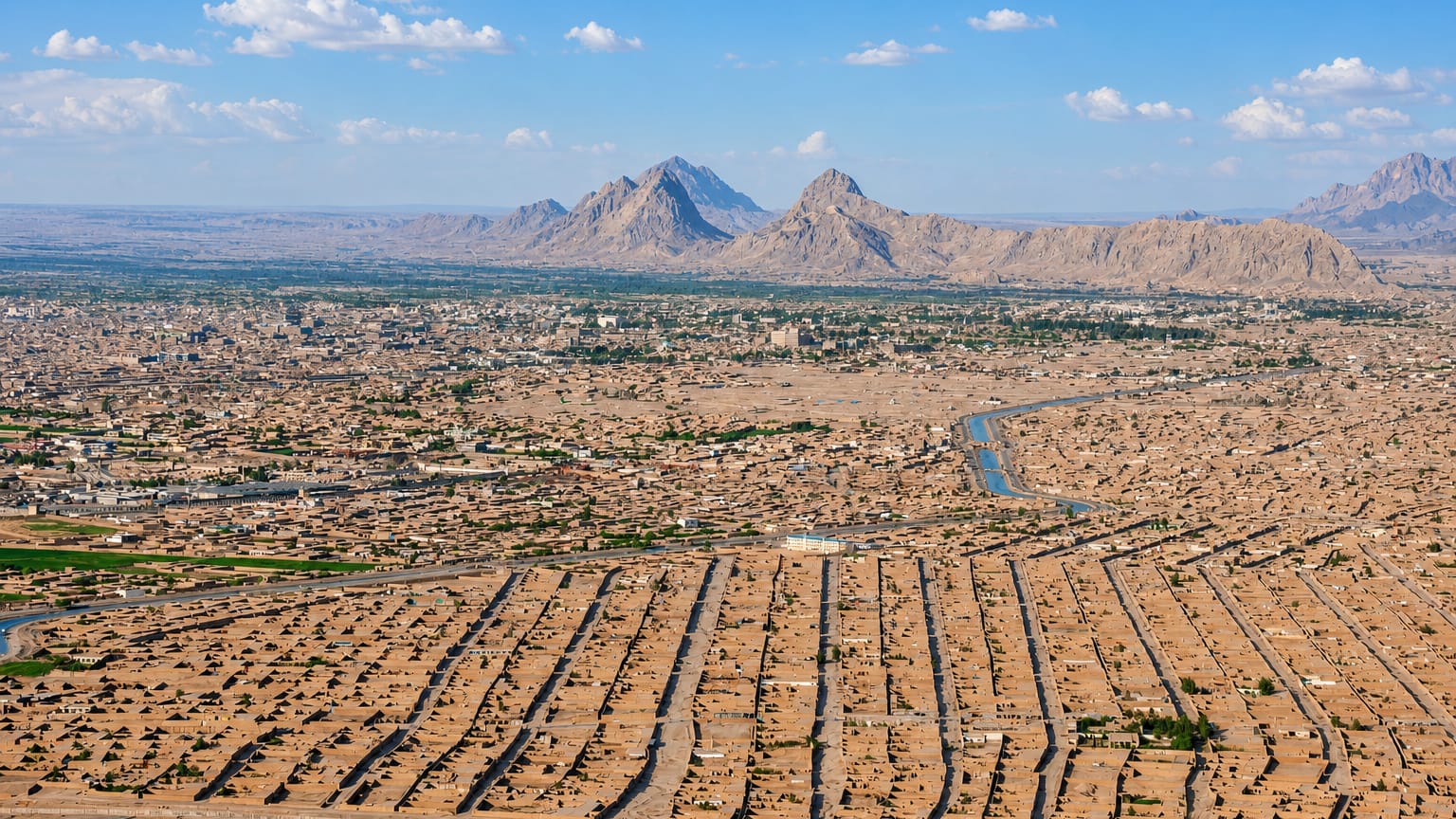 Aerial view of Kandahar's dense low-rise desert city with rugged mountains behind