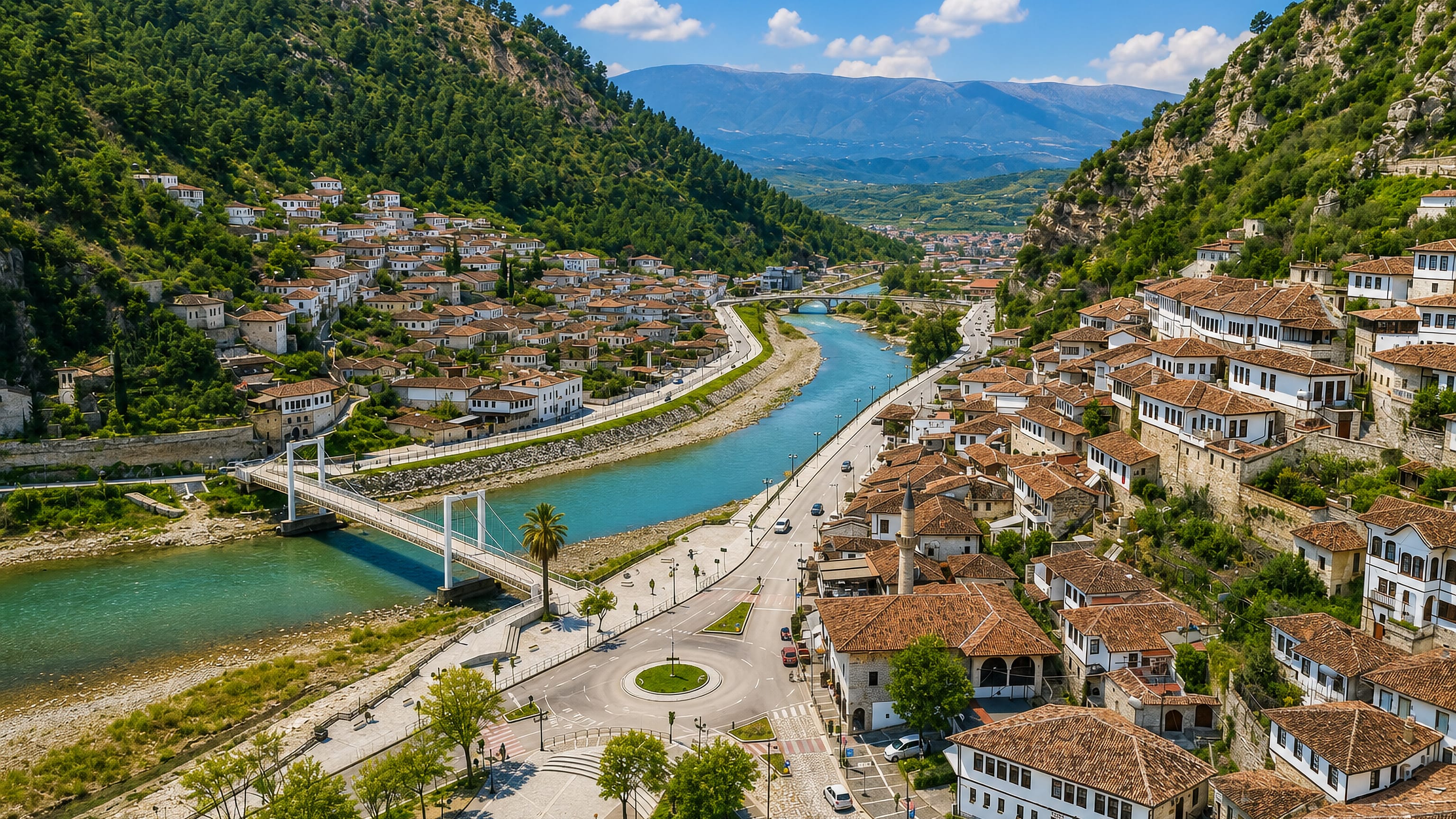Berat, Albania: white Ottoman houses of the Mangalem and Gorica quarters above the Osum river and its footbridge.