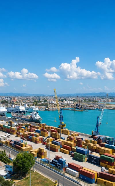 Durrës, Albania, container port with cranes and ferries beside a high-rise building under construction.