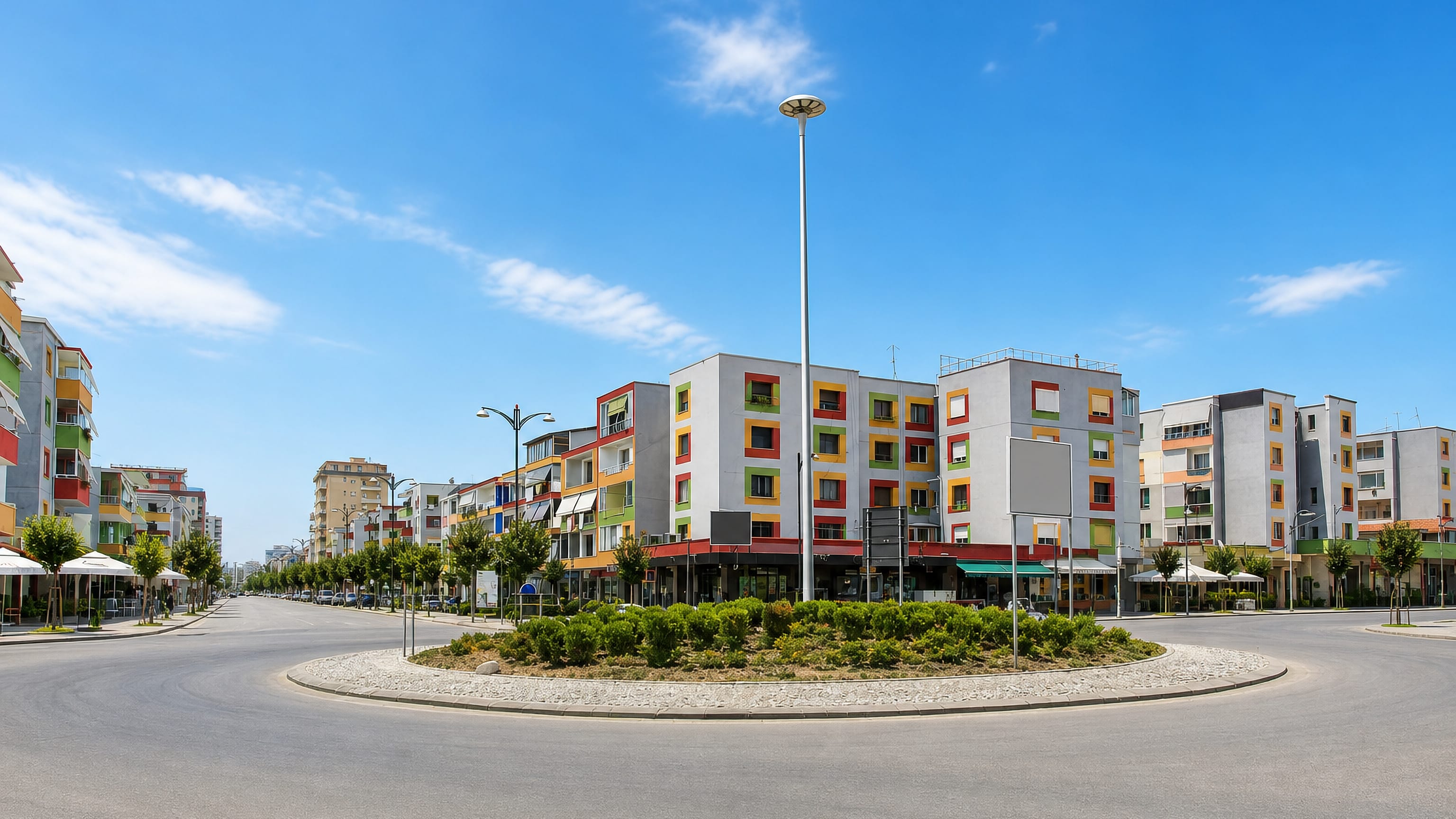 Colourful mid-rise apartment blocks around a landscaped roundabout on a wide boulevard in Fier, Albania.