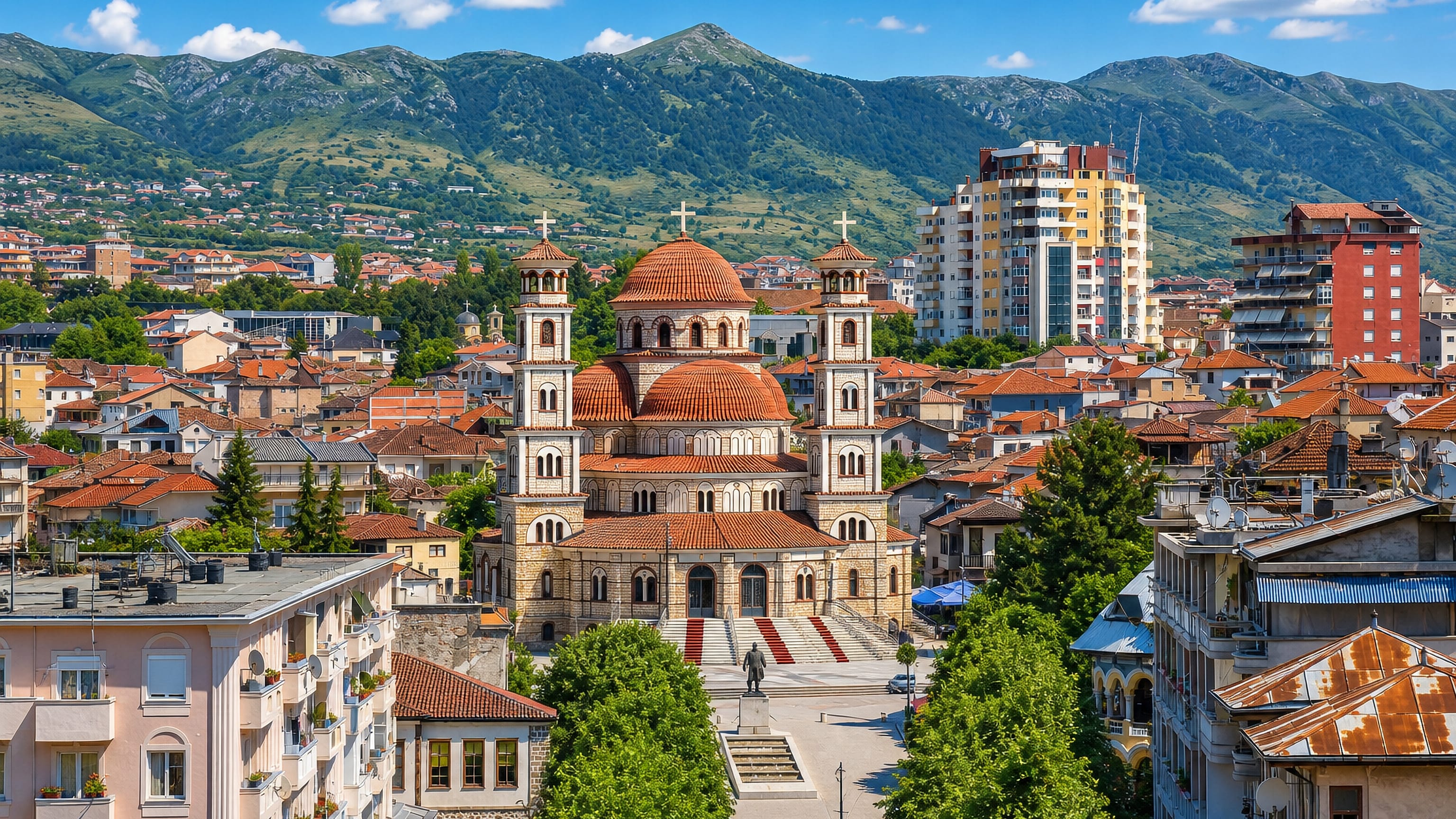 Korçë's Resurrection Cathedral rising above red-tiled rooftops with the Morava mountains behind