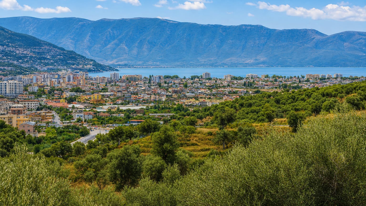 Vlorë, Albania, a coastal city on its bay backed by mountains, with olive groves in the foreground.