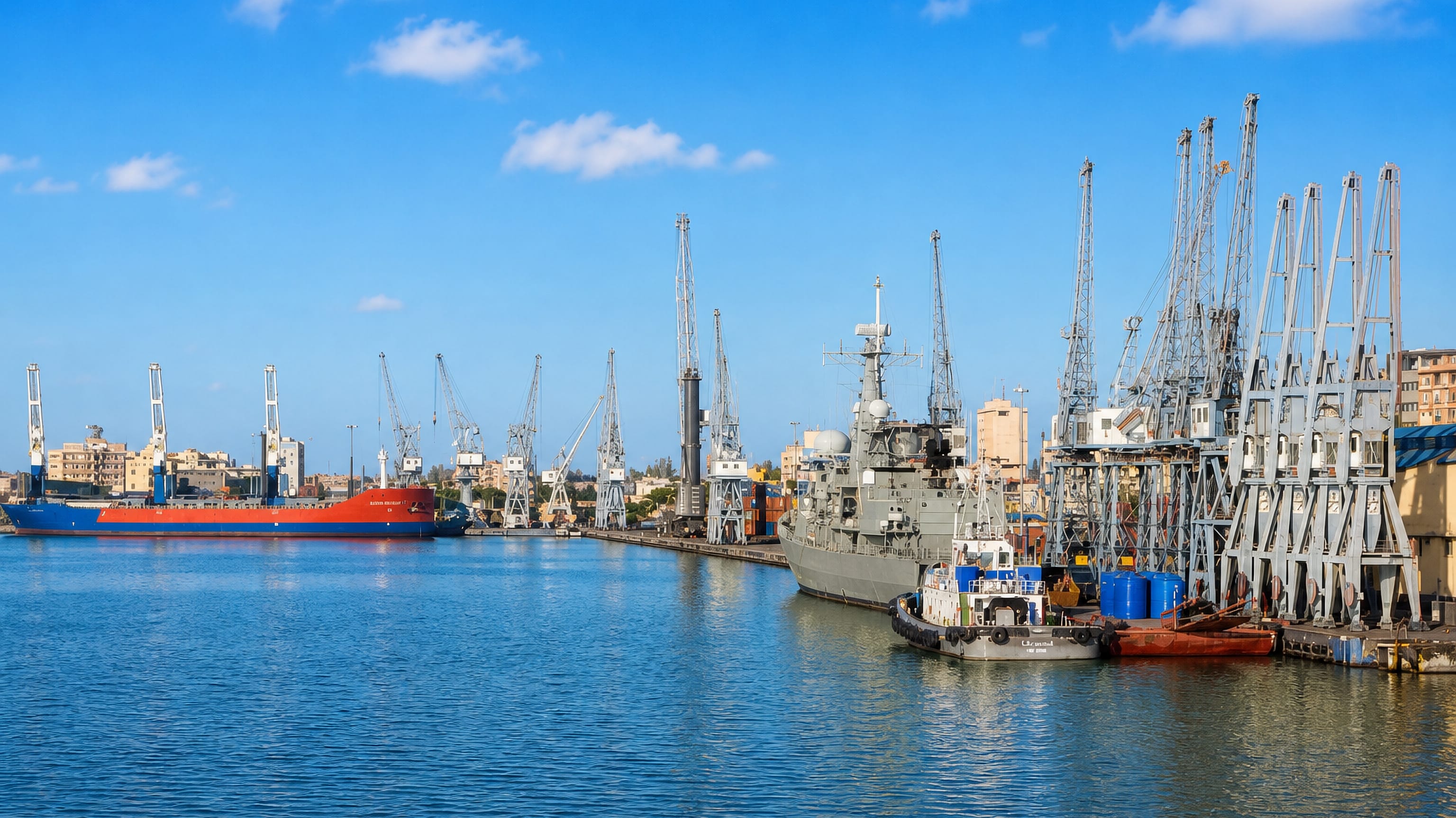 Cranes, cargo ships and a naval vessel at the harbour of Lobito, Angola, under a clear sky.