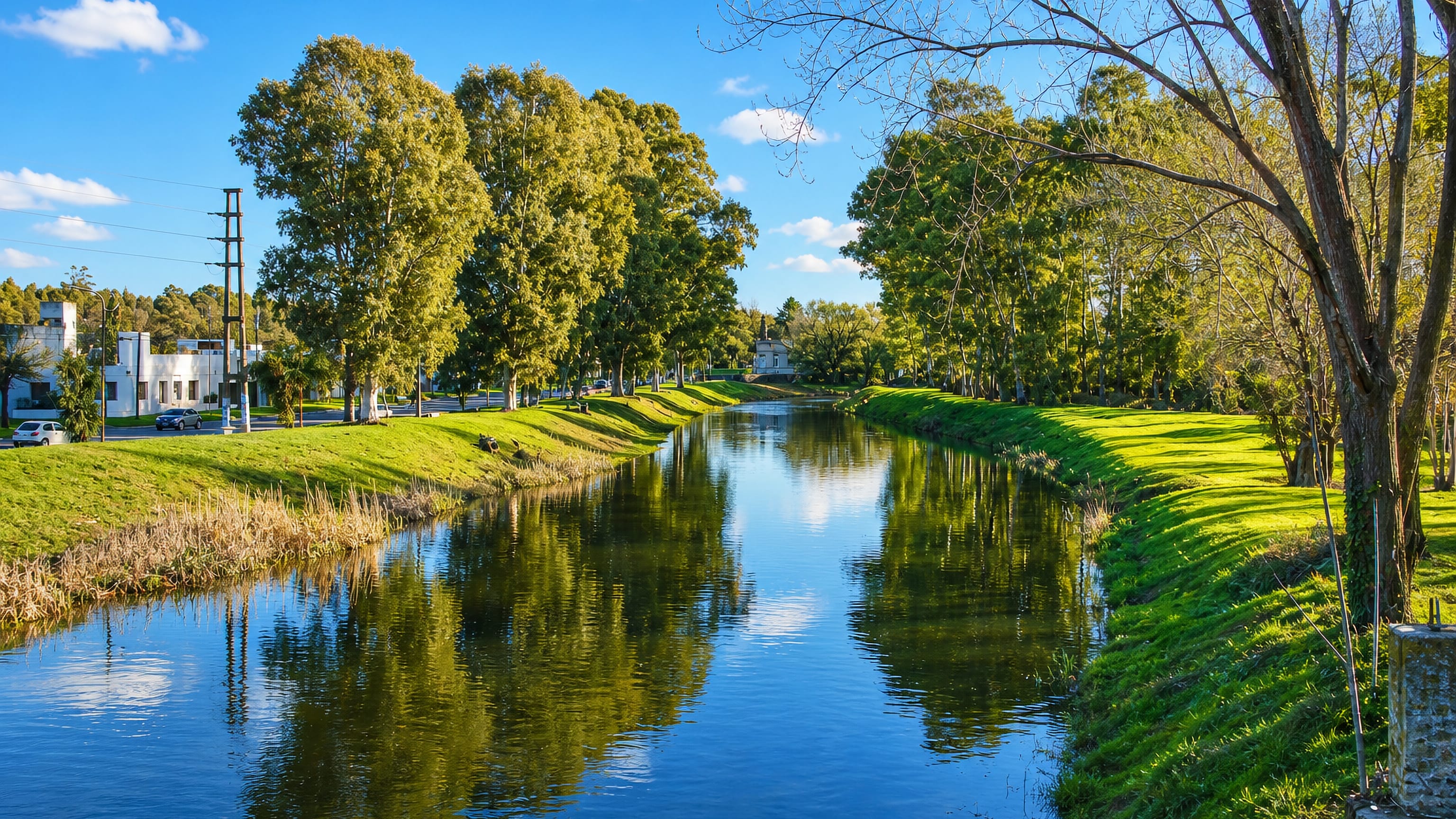 The Arroyo Azul stream between grassy banks and eucalyptus trees in Azul, Buenos Aires Province.