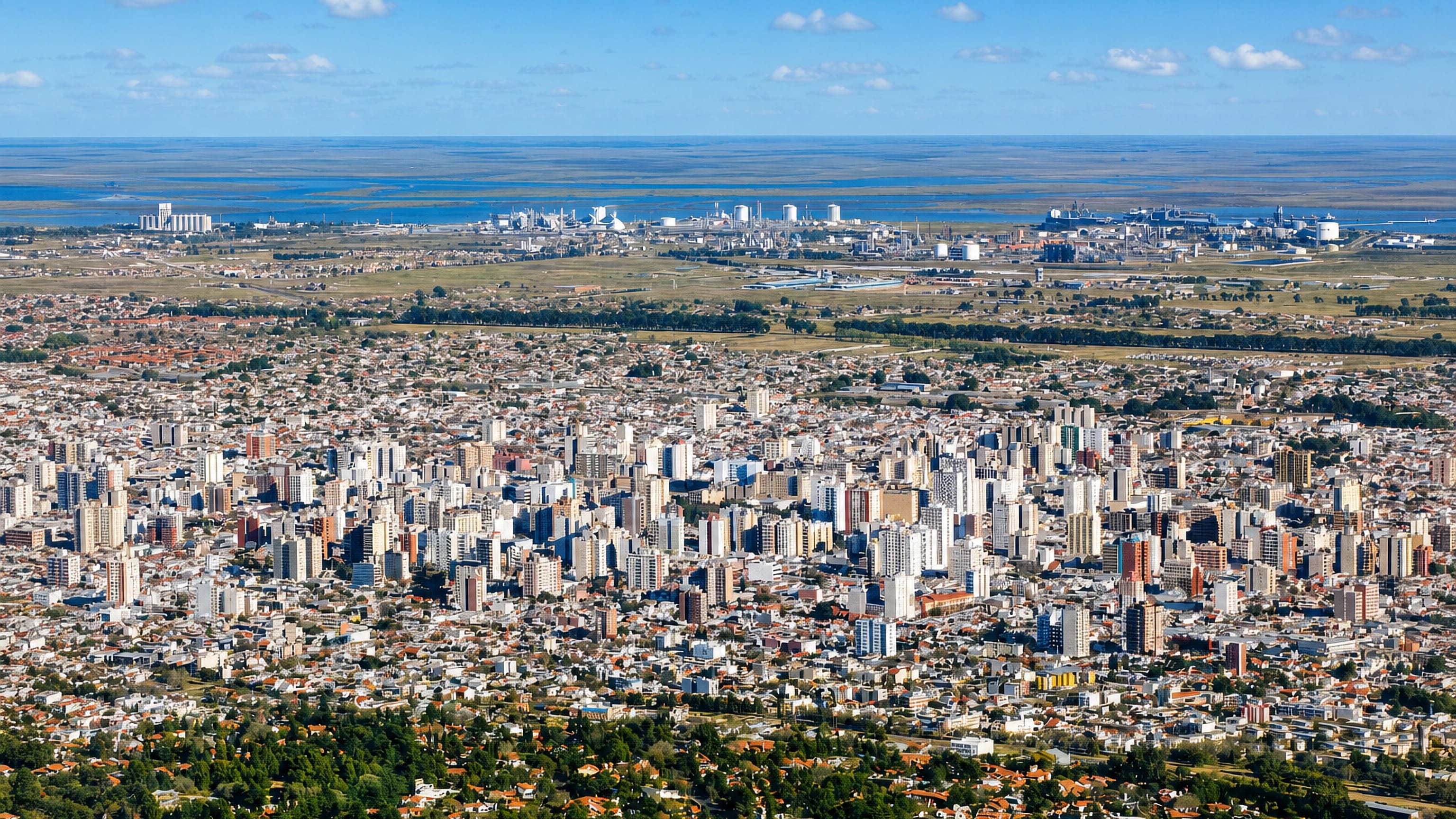 Aerial view over Bahía Blanca, Argentina, with its high-rise centre and the petrochemical port on the estuary