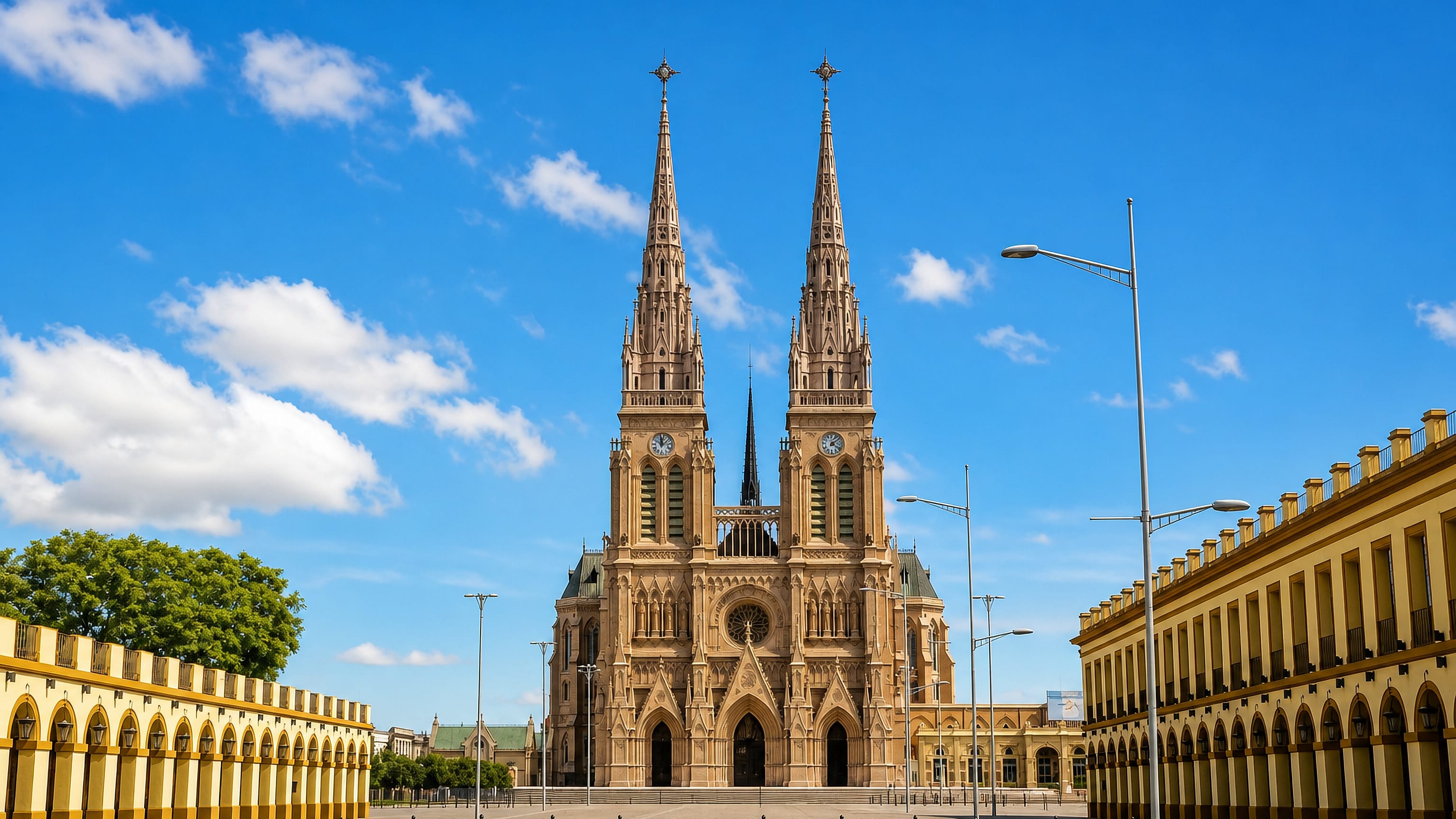 The twin neo-Gothic spires of the Basilica of Lujan rising above its arcaded plaza in Lujan, Argentina.