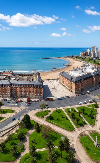 Aerial of Mar del Plata's Casino and Hotel Provincial by Bristol beach, with the fountain plaza and sea beyond