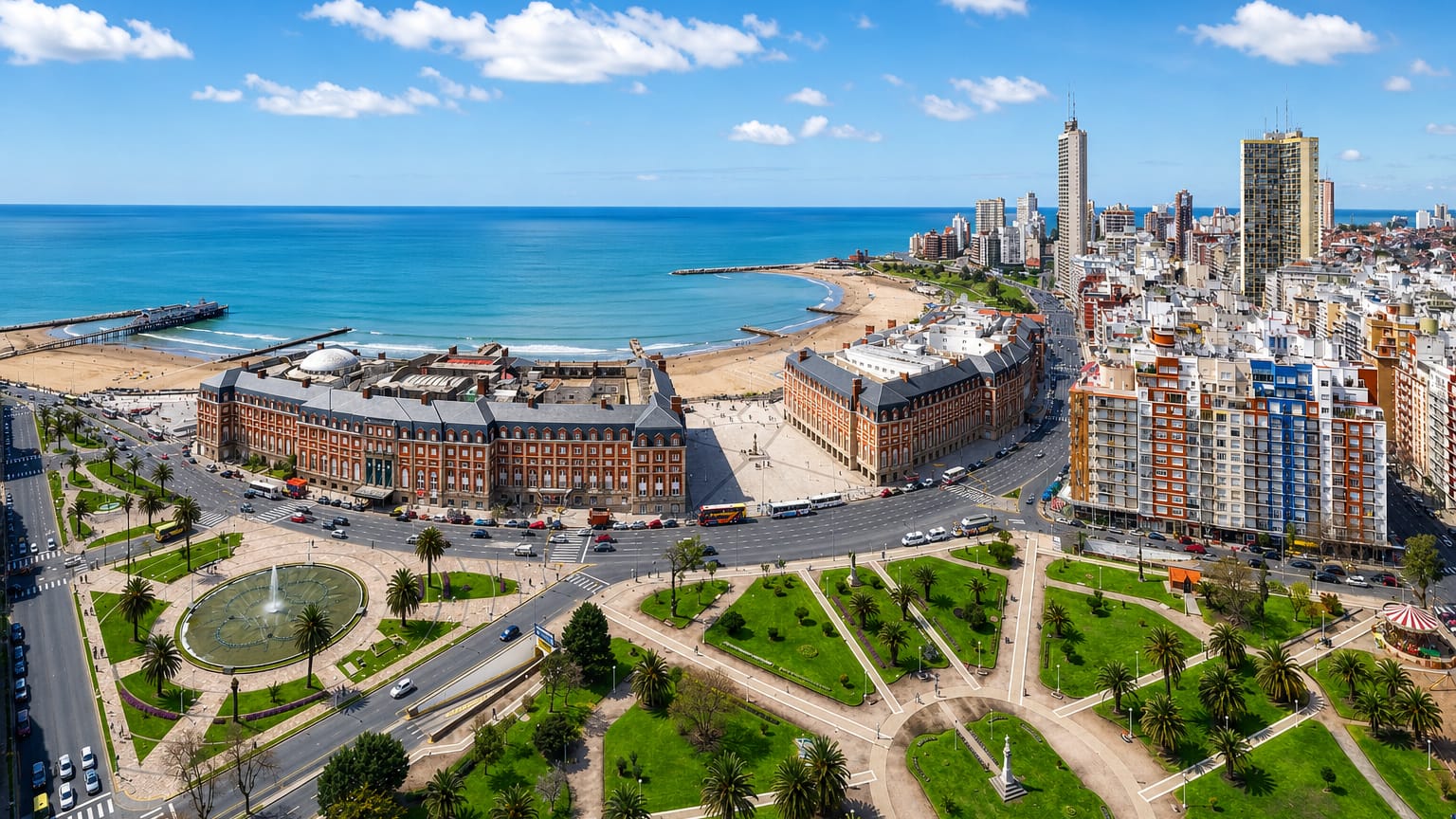Aerial of Mar del Plata's Casino and Hotel Provincial by Bristol beach, with the fountain plaza and sea beyond