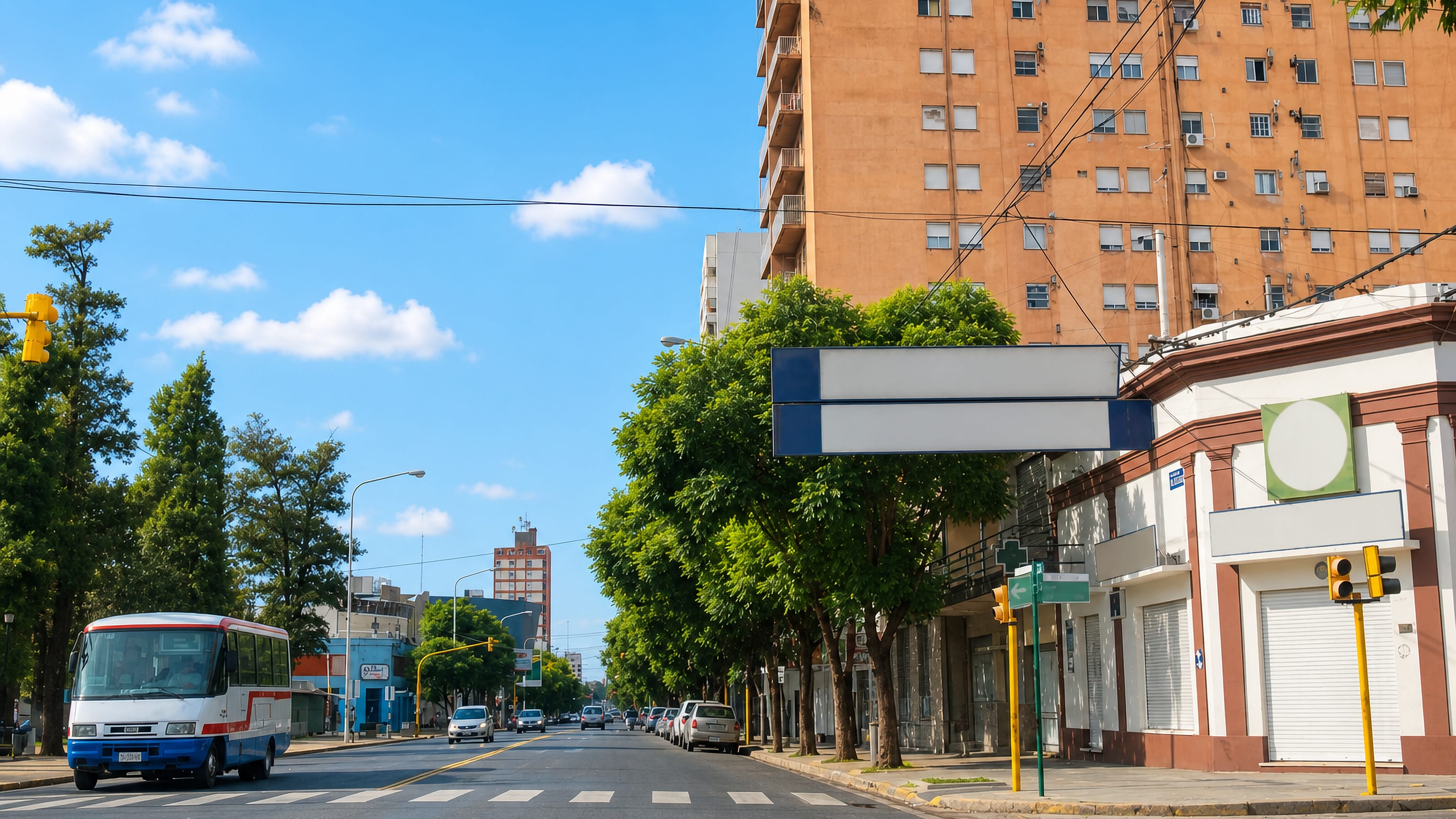 Wide avenue in Pergamino, Argentina, with a city bus, shaded footpaths and a tall apartment block.