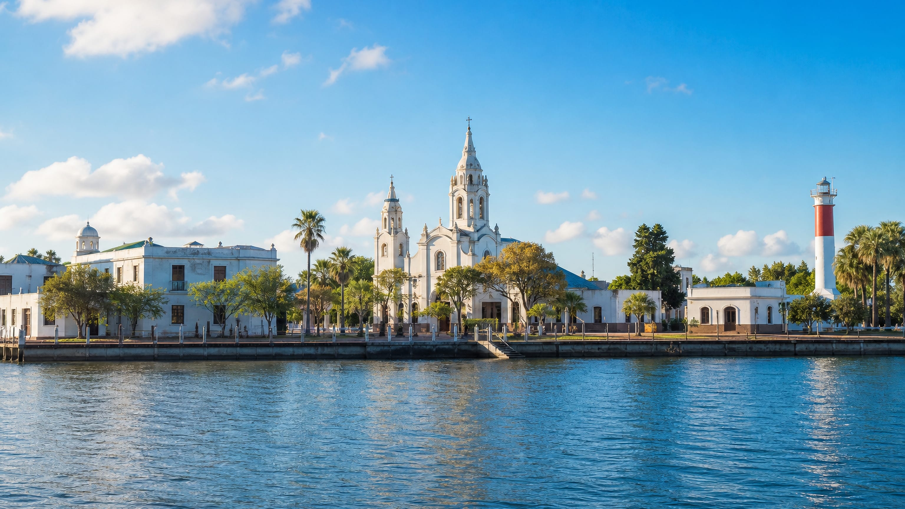 Waterfront view of Pilar, Argentina, with a white twin-towered church, palms and a red-and-white lighthouse.