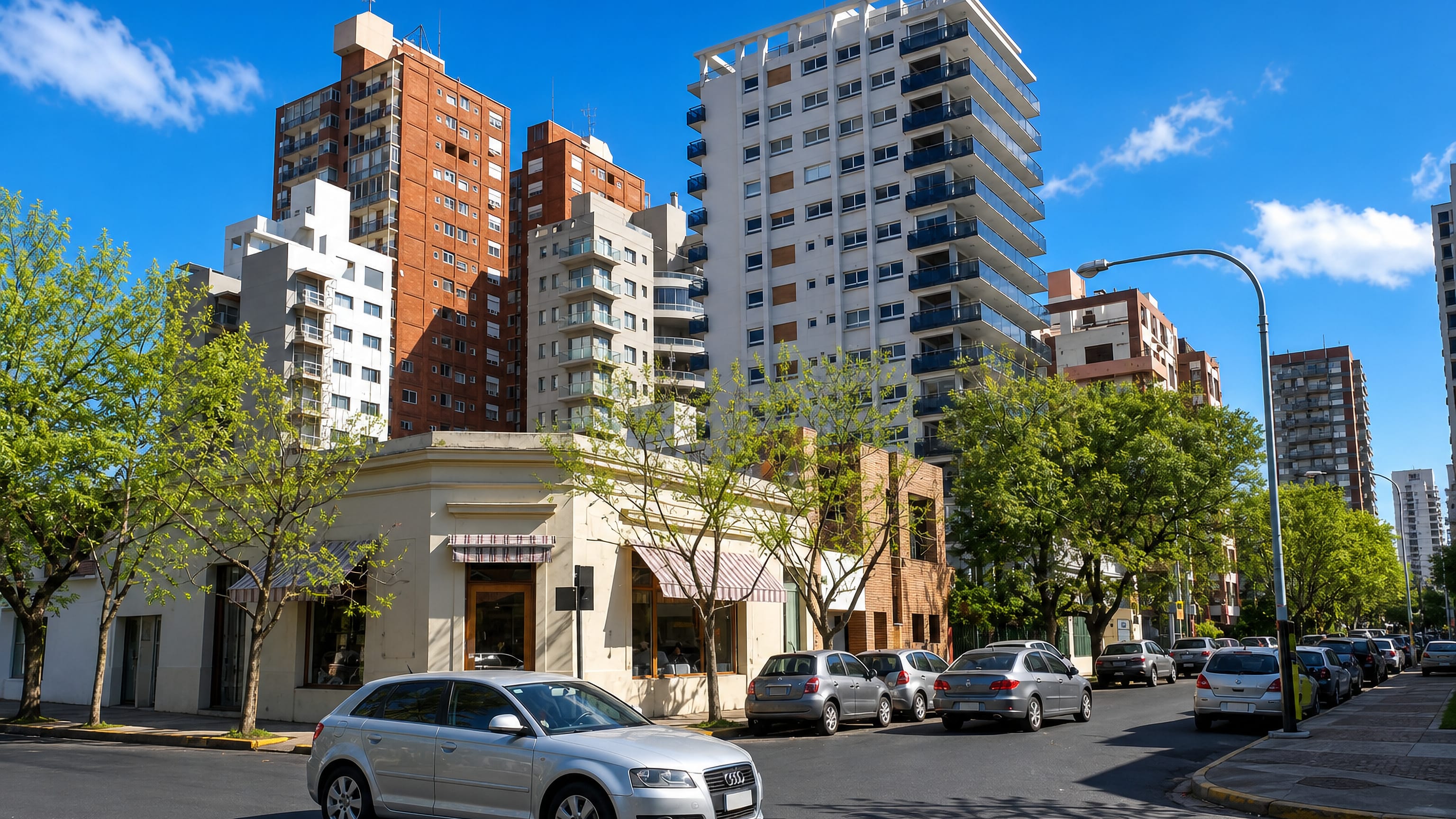 Apartment towers rising above a corner shop on a tree-lined street in Quilmes, Argentina.