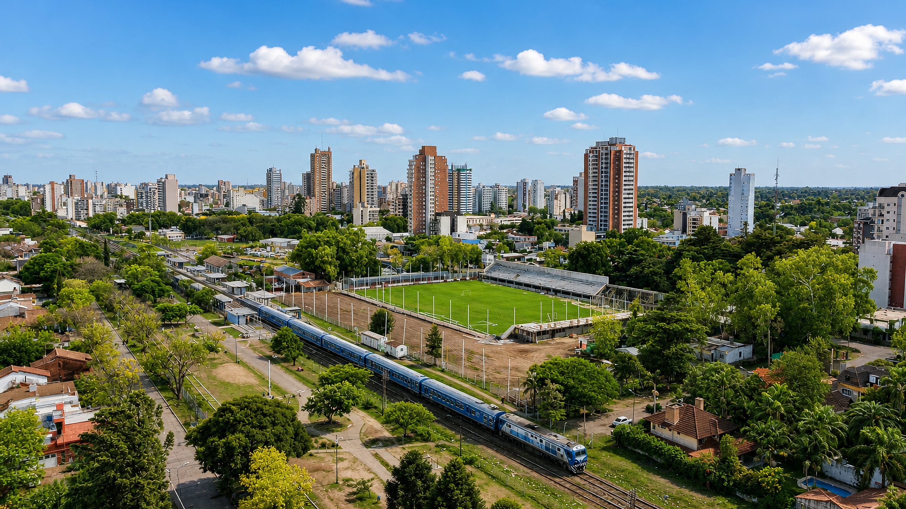 Aerial view of San Miguel, Argentina, with apartment towers, a football stadium and a passing commuter train.
