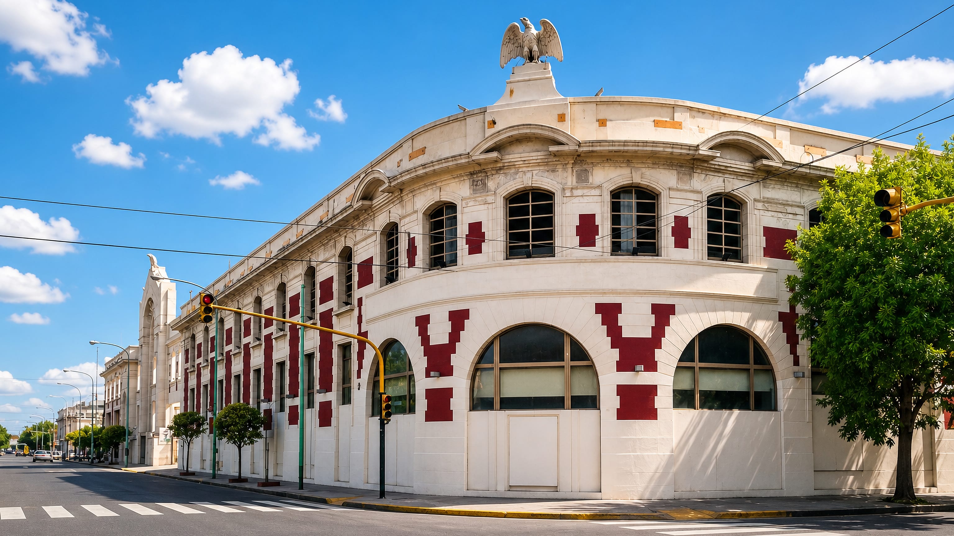Corner of a white and red early-1900s industrial building crowned by an eagle sculpture in Barracas, Buenos Aires.