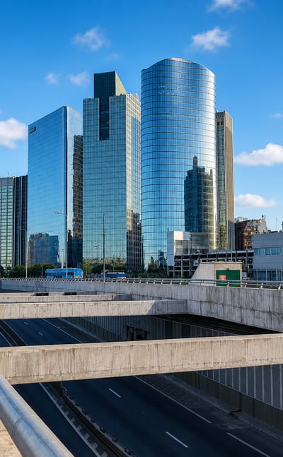 Glass office towers beside a sunken motorway in central Buenos Aires, Barrio Norte area