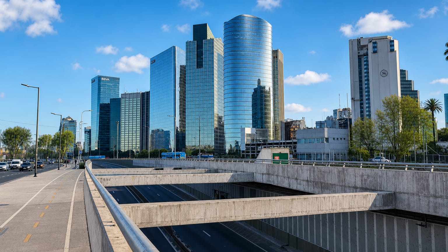 Glass office towers beside a sunken motorway in central Buenos Aires, Barrio Norte area