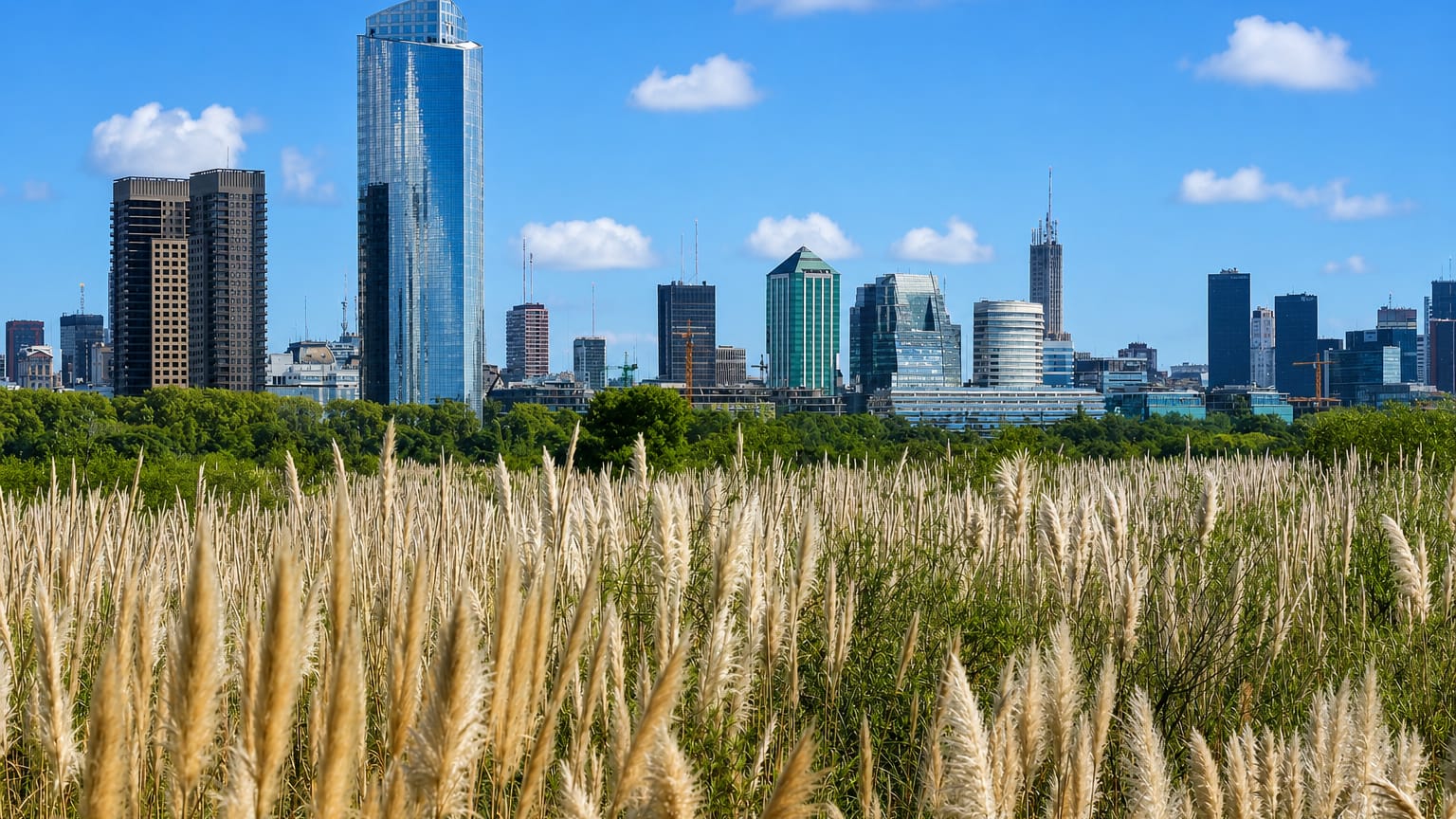 Modern glass-tower skyline of the Buenos Aires central business district seen across a pampas-grass reserve