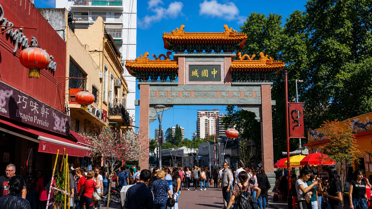 Chinese paifang gate with red lanterns marking the Barrio Chino Chinatown in Belgrano, Buenos Aires