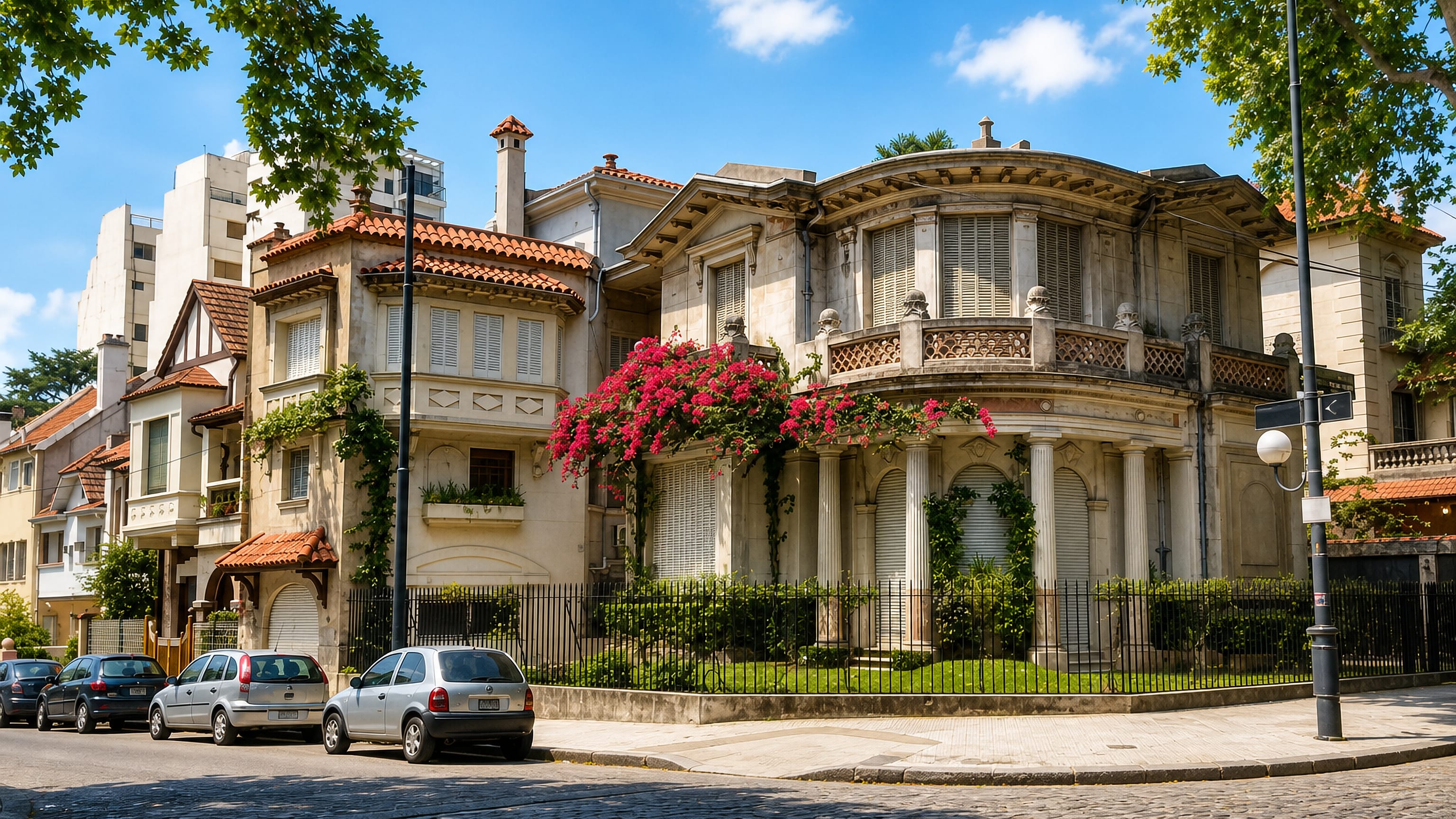 Cobbled corner street in Colegiales, Buenos Aires, with a colonnaded villa draped in pink bougainvillea.
