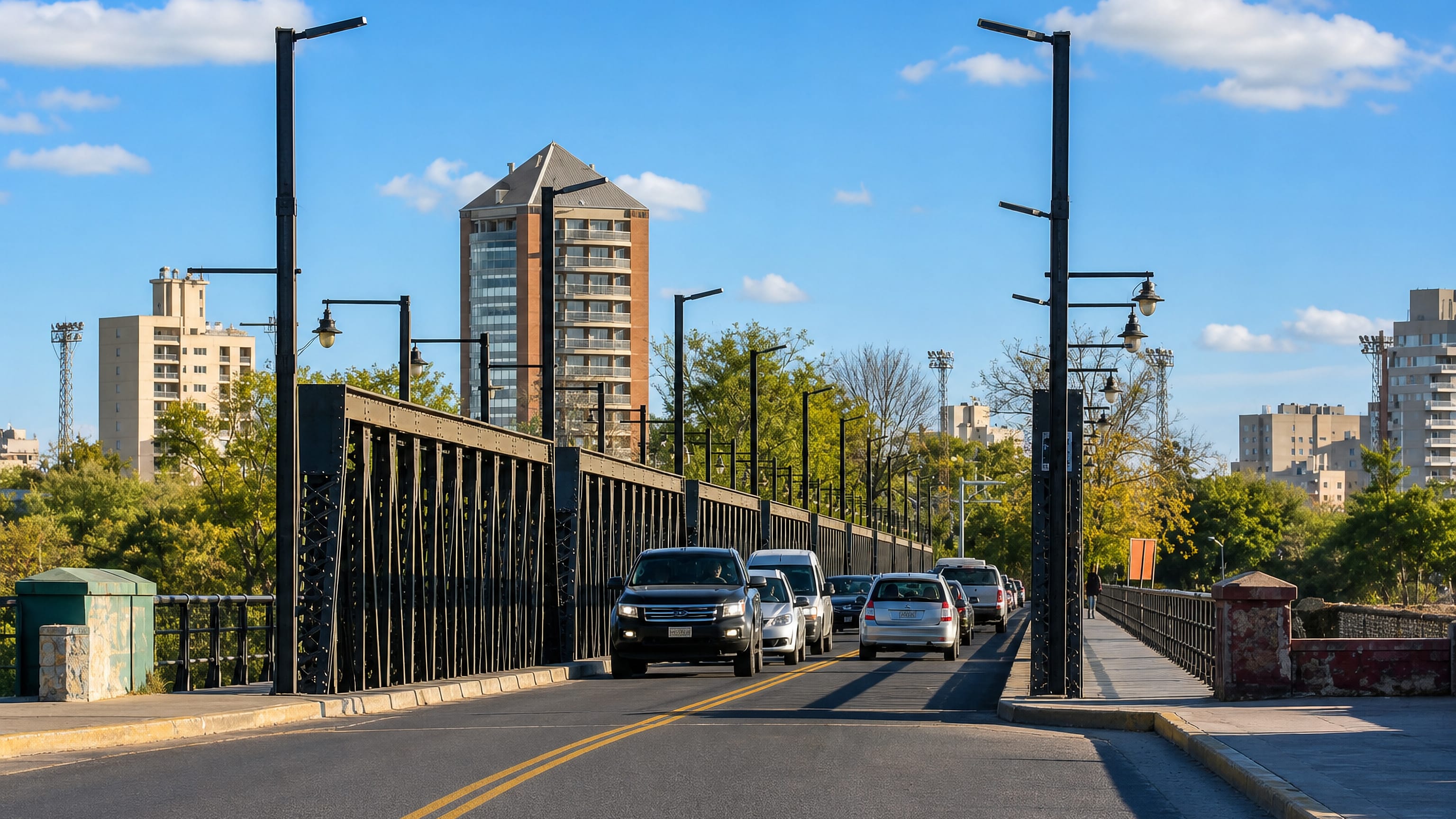 Traffic crossing the old iron bridge into Rio Cuarto, Argentina, with the city's towers rising behind.