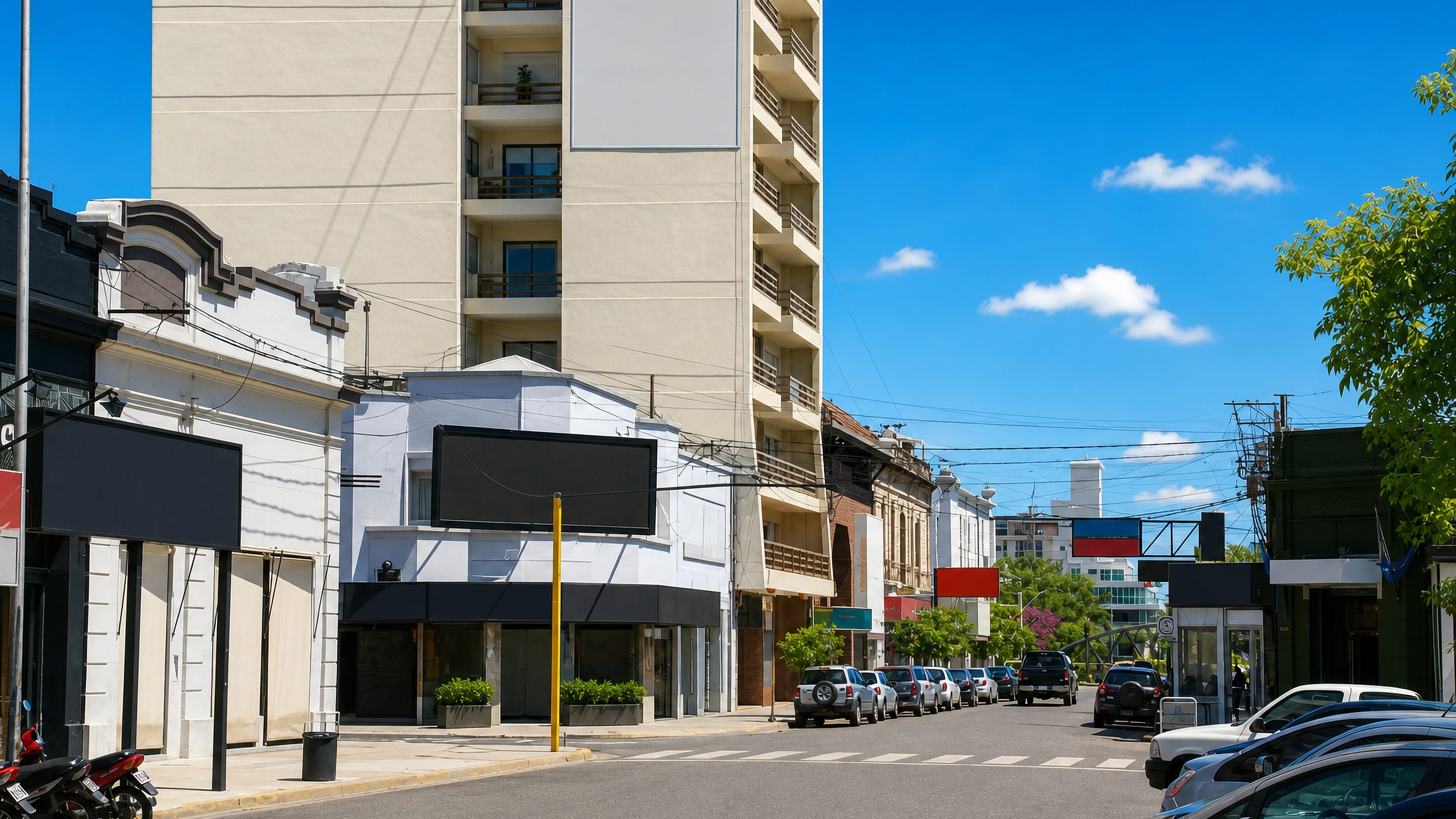 Downtown corner in Villa María, Argentina, with shopfronts, a tall apartment tower and parked cars.