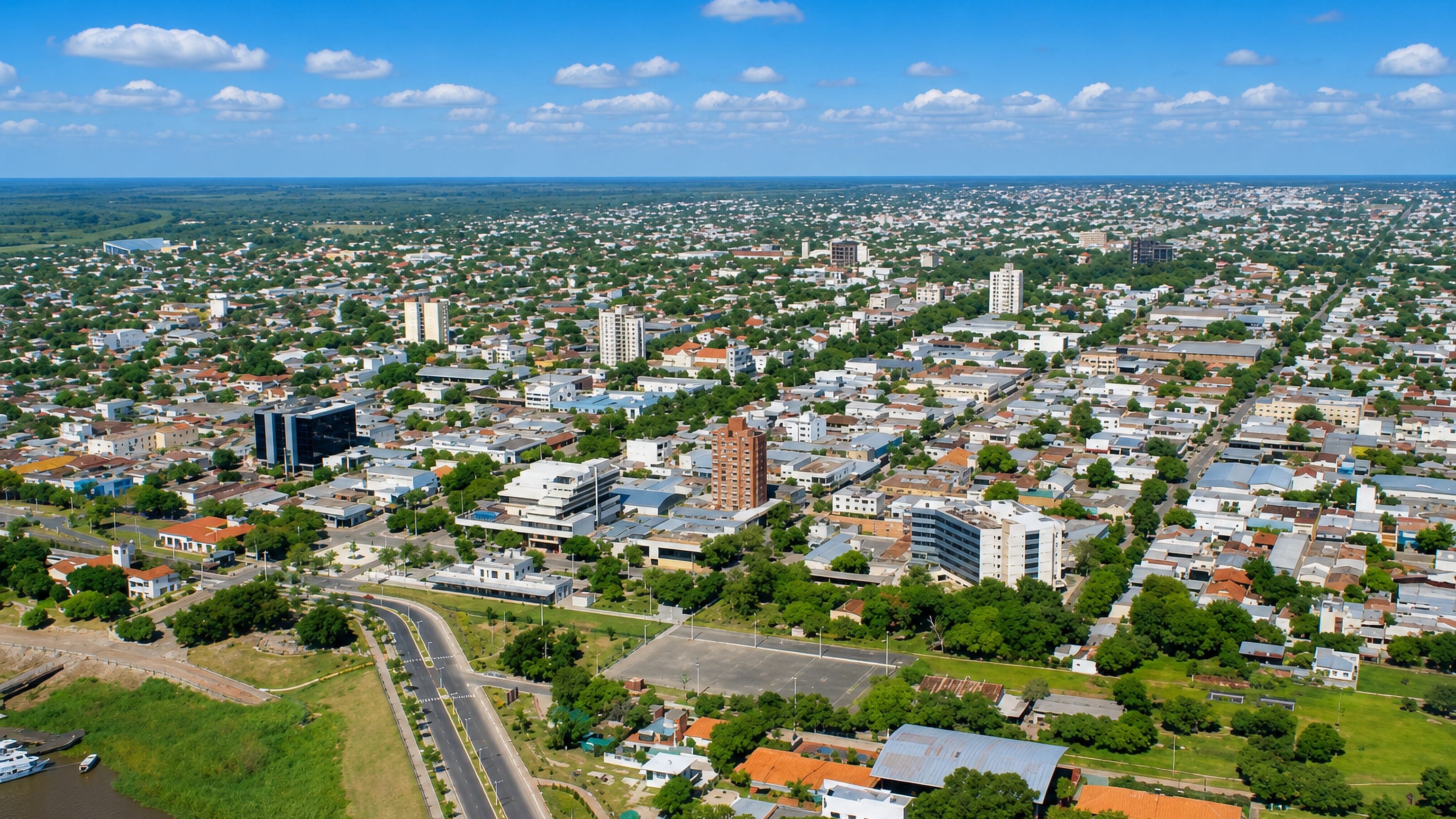 Aerial view of Formosa, Argentina, its low-rise grid and riverside avenue along the Paraguay River.