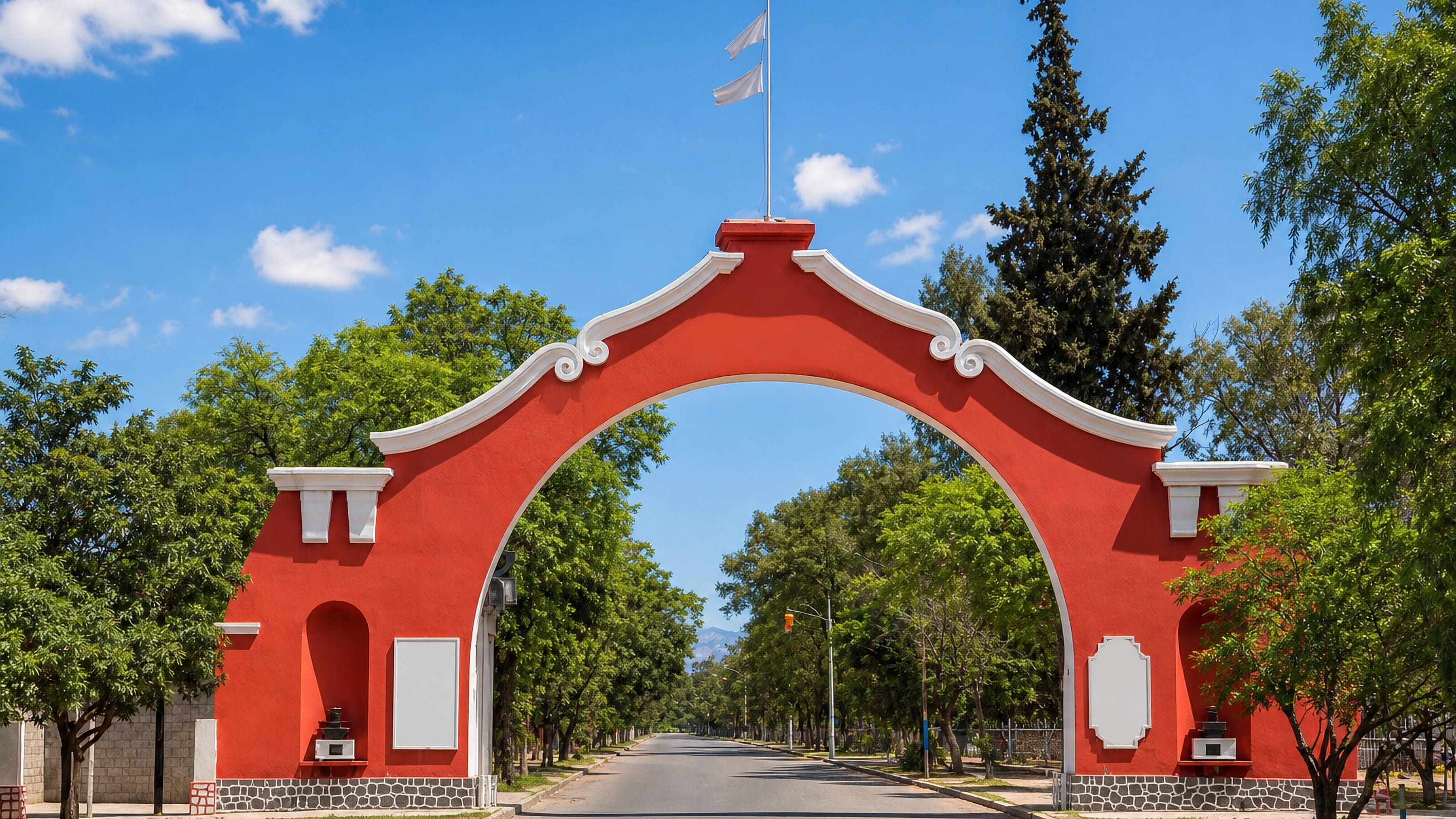Red-and-white entrance arch over a tree-lined avenue in La Rioja, Argentina, under a bright blue sky