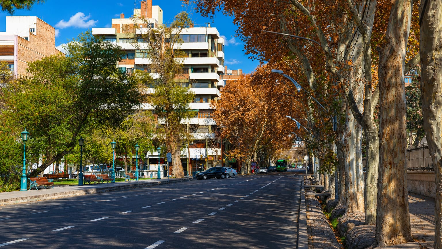 Tree-lined Mendoza avenue with autumn plane trees, benches and a residential building under a blue sky