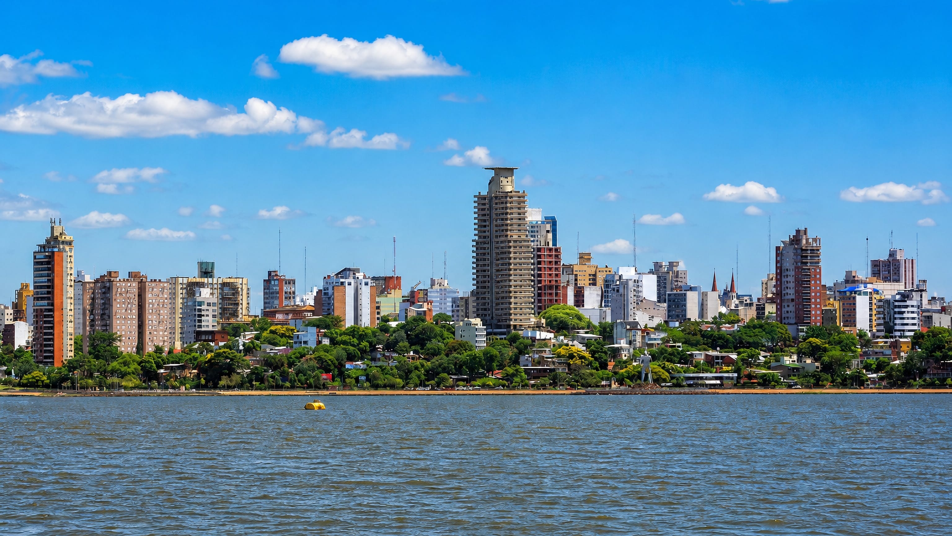 Posadas, Argentina, its high-rise skyline along the Parana River seen from the water.