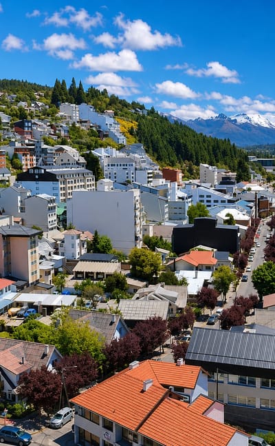San Carlos de Bariloche on Nahuel Huapi lake with snow-capped Andes rising behind the hillside town
