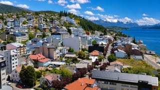 San Carlos de Bariloche on Nahuel Huapi lake with snow-capped Andes rising behind the hillside town
