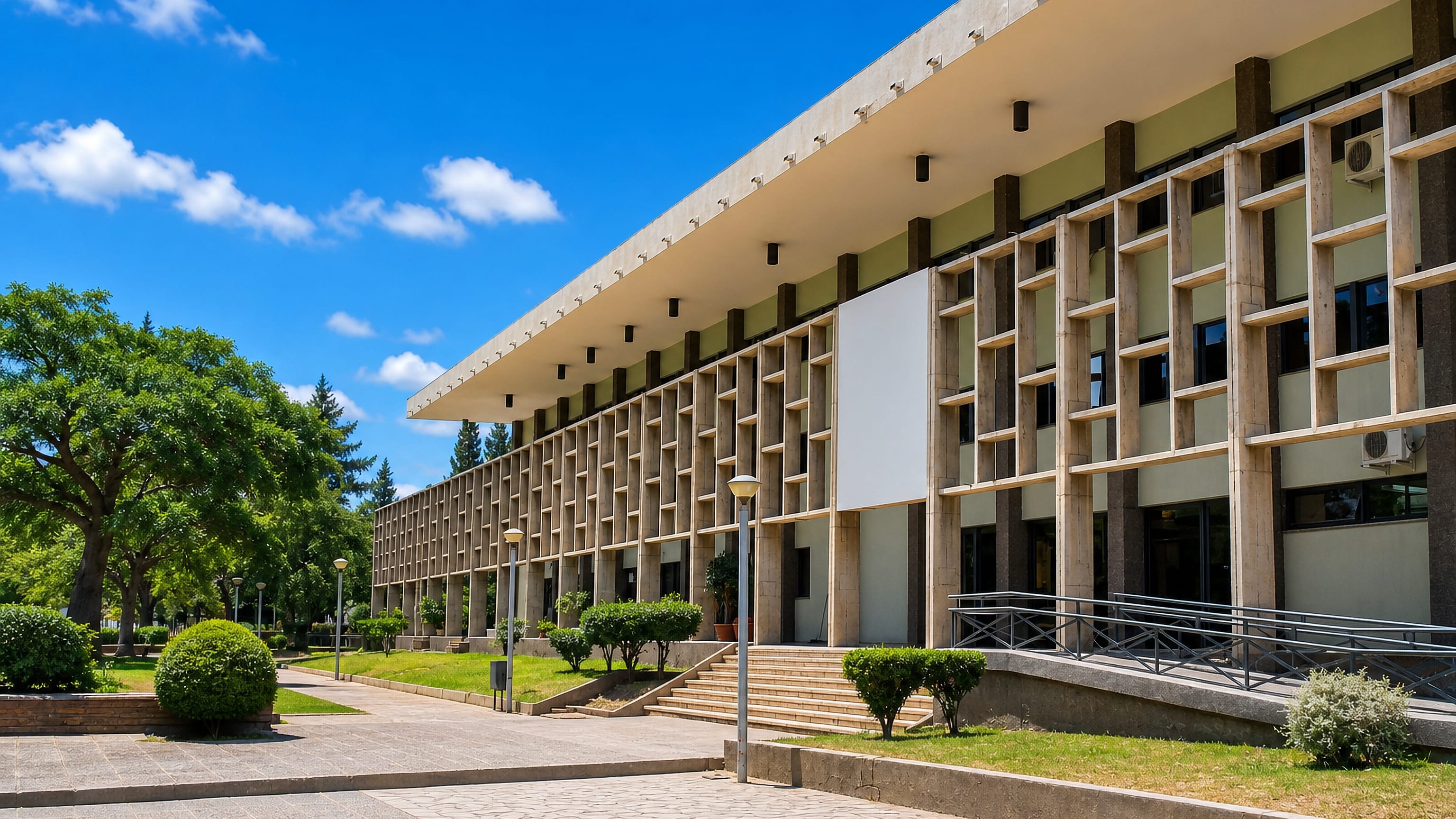 Long modernist civic building with a deep colonnade and shaded gardens in San Juan, Argentina, under a blue sky.