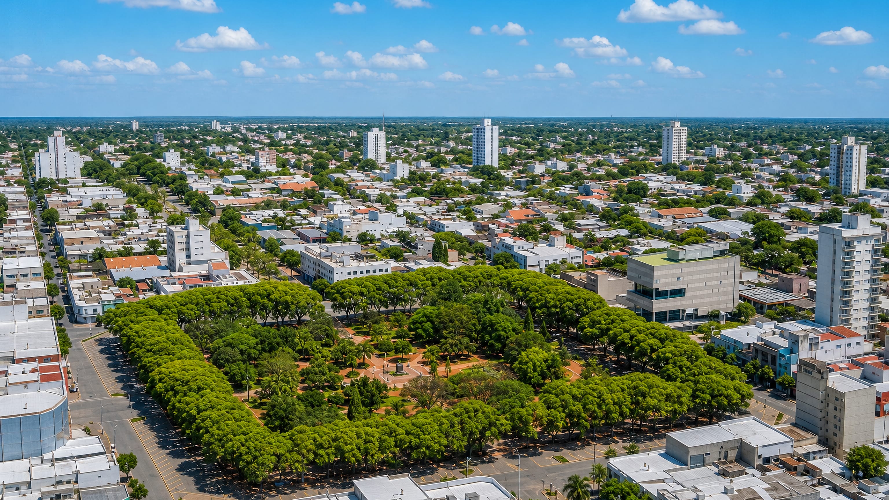 Aerial view of Rafaela, Argentina, over its tree-filled central plaza and low grid of streets and blocks.