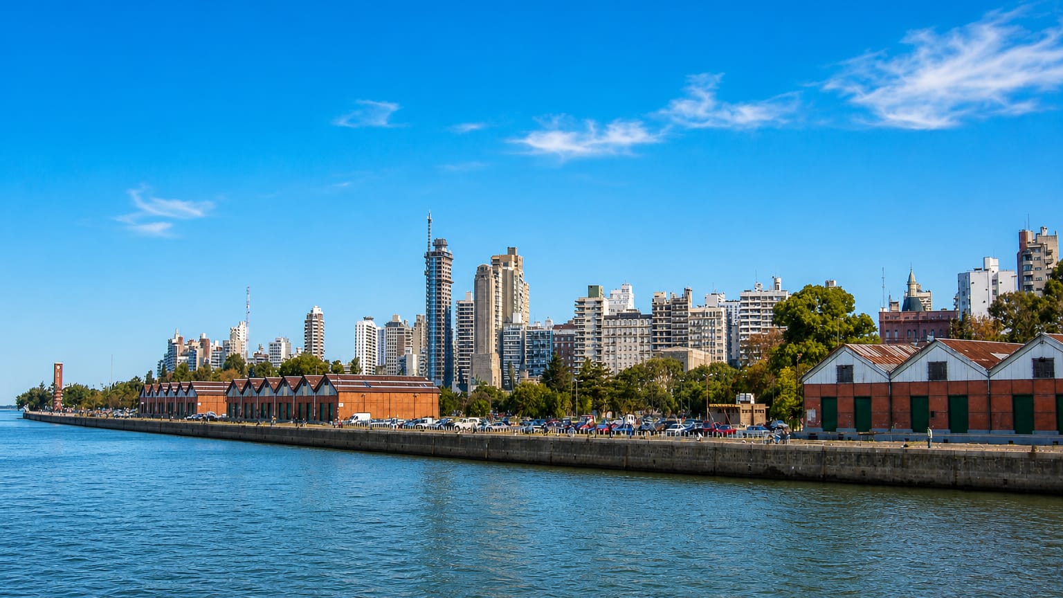 Rosario's Parana riverfront with restored brick port warehouses below modern high-rise apartment towers