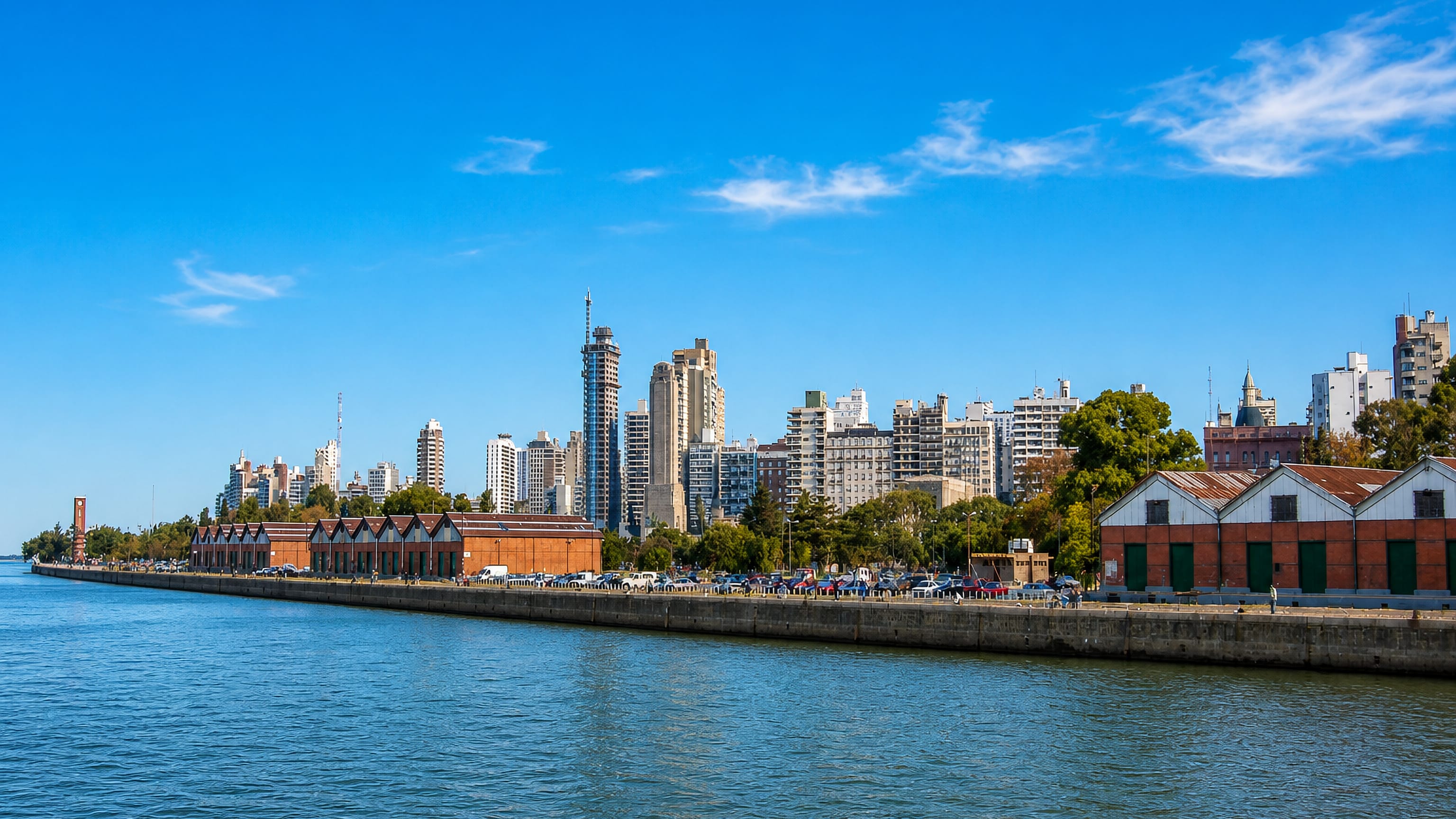 Rosario's Parana riverfront with restored brick port warehouses below modern high-rise apartment towers
