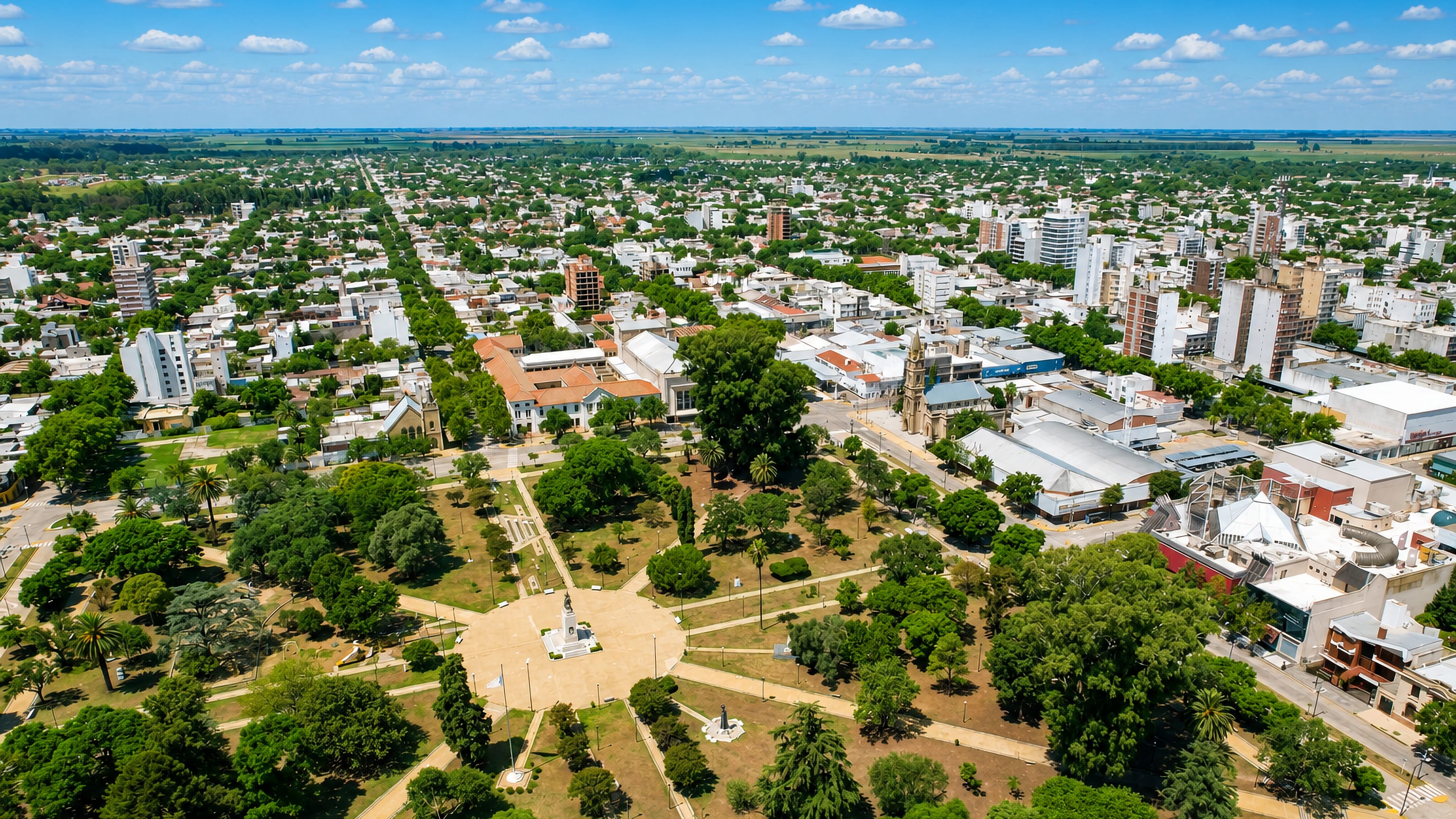 Aerial view of Venado Tuerto, Argentina, with its tree-filled central plaza and monument ringed by low-rise blocks.