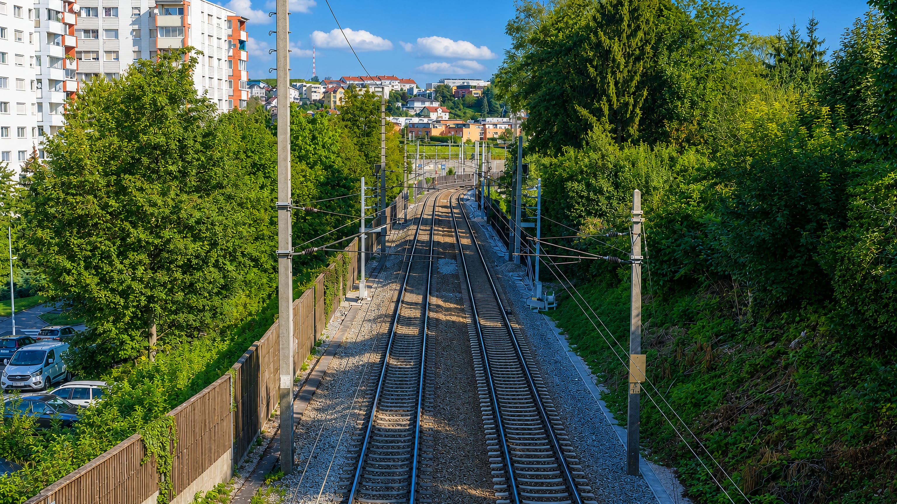 Railway tracks running through a green cutting past apartment blocks in Bindermichl-Keferfeld, Linz.