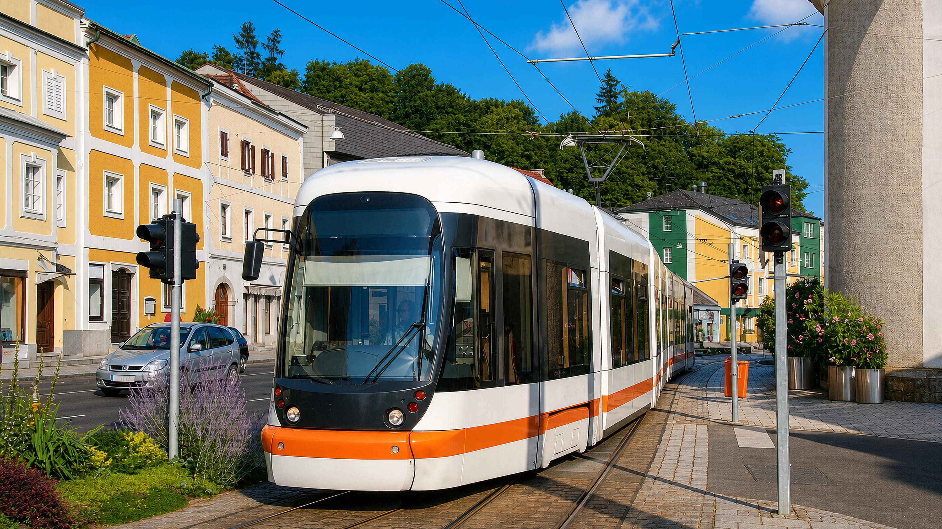 Modern white-and-orange Linz tram passing pastel townhouses on a cobbled street in Ebelsberg, Linz.