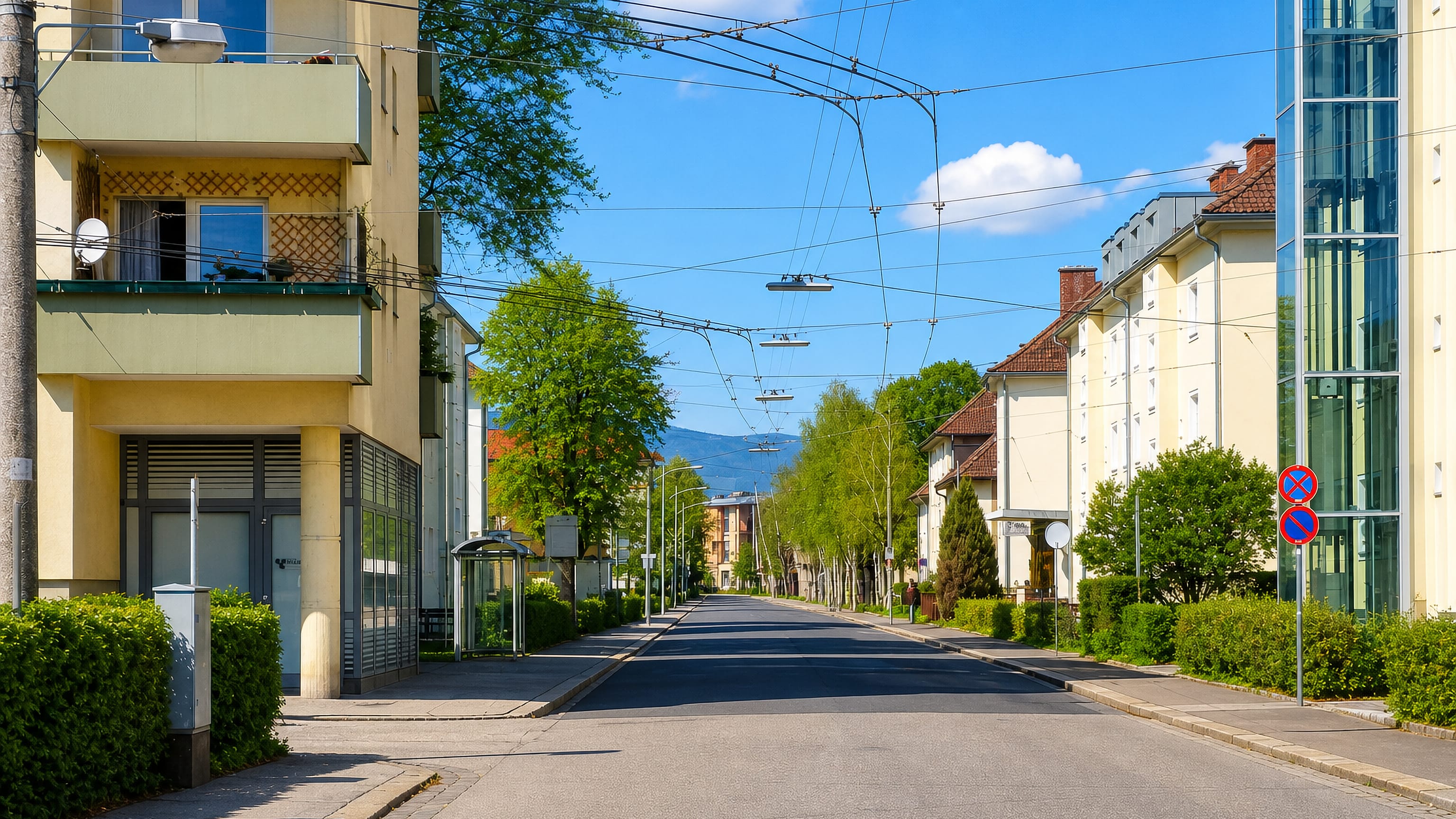 Quiet street in Linz's Franckviertel, interwar apartment blocks under tram wires with hills beyond