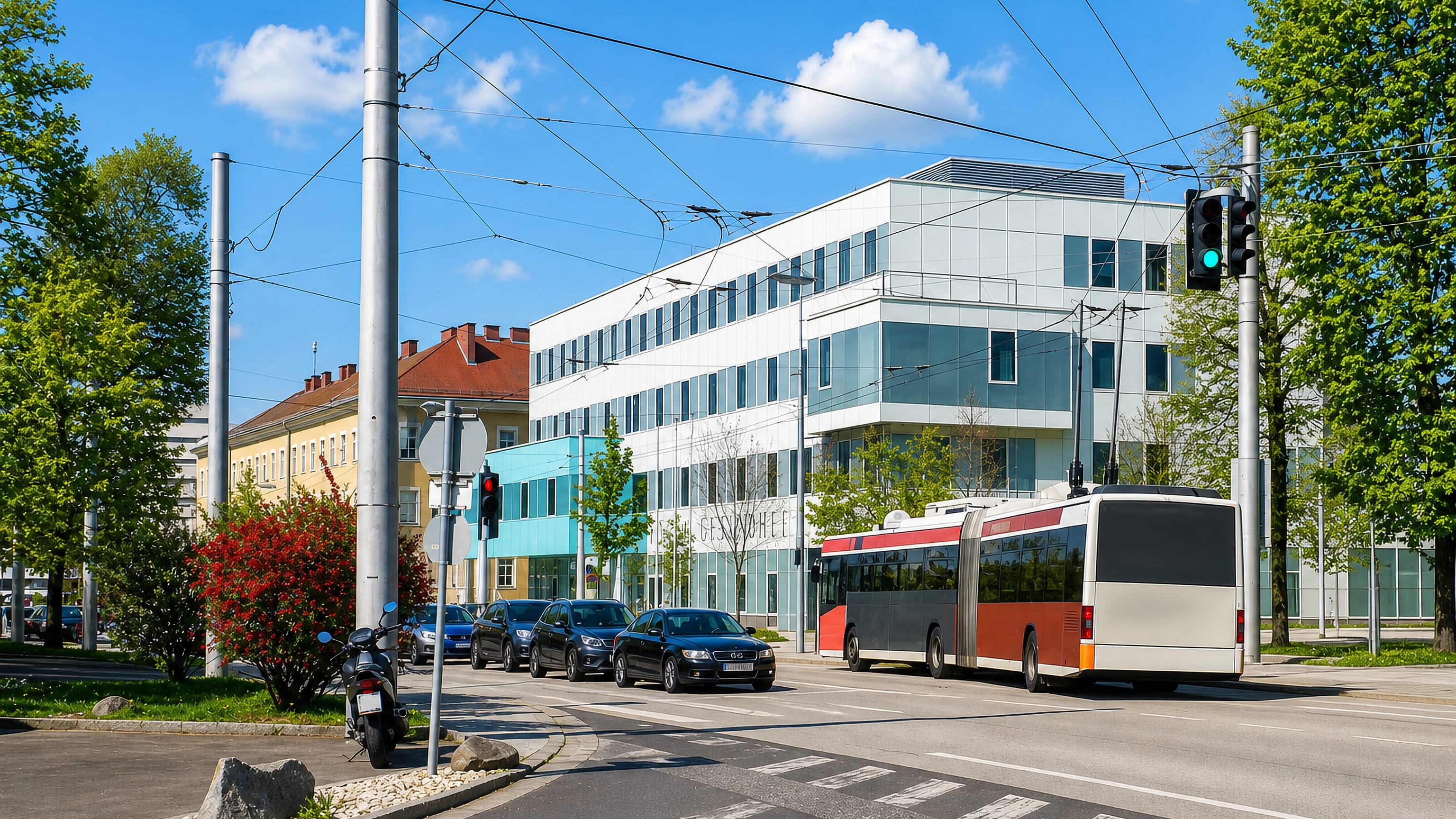 Articulated trolleybus passing a modern glass office block on a Kaplanhof street in Linz.