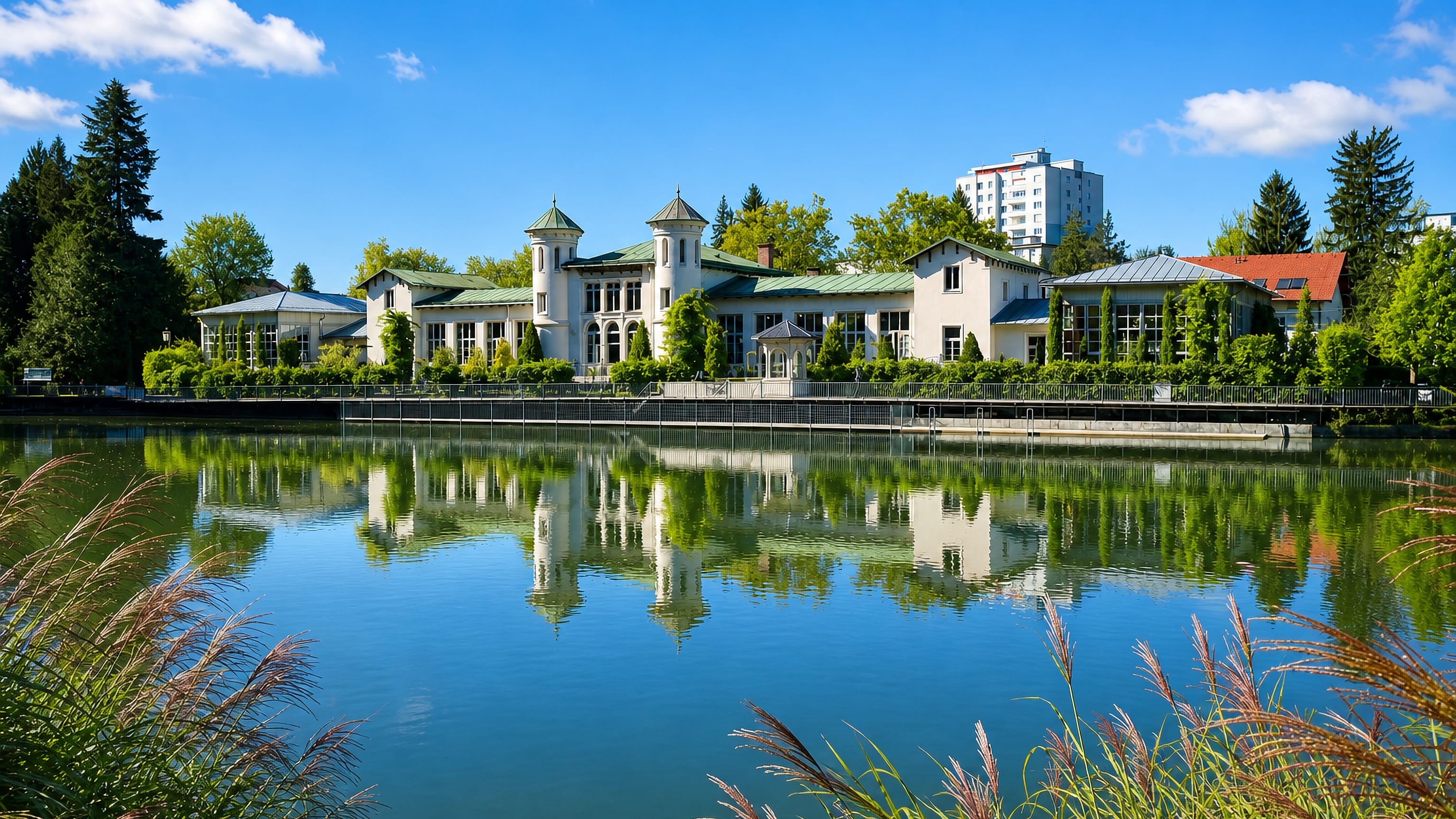 The white turreted lakeside pavilion at Hilmteich in Geidorf, a leafy district of Graz.