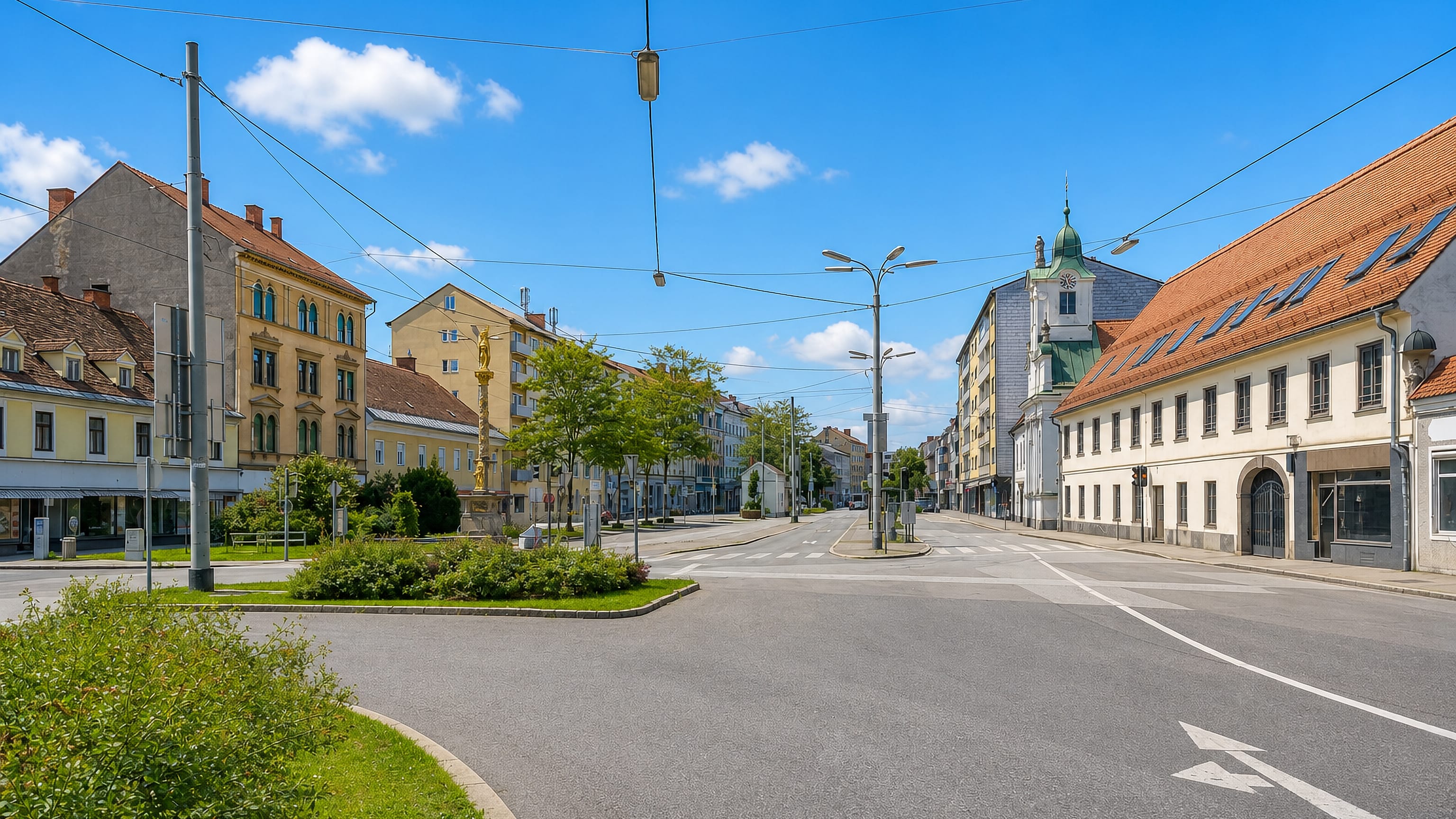 Griesplatz in the Gries district of Graz, with its gilded Marian column, tram wires and pastel townhouses.