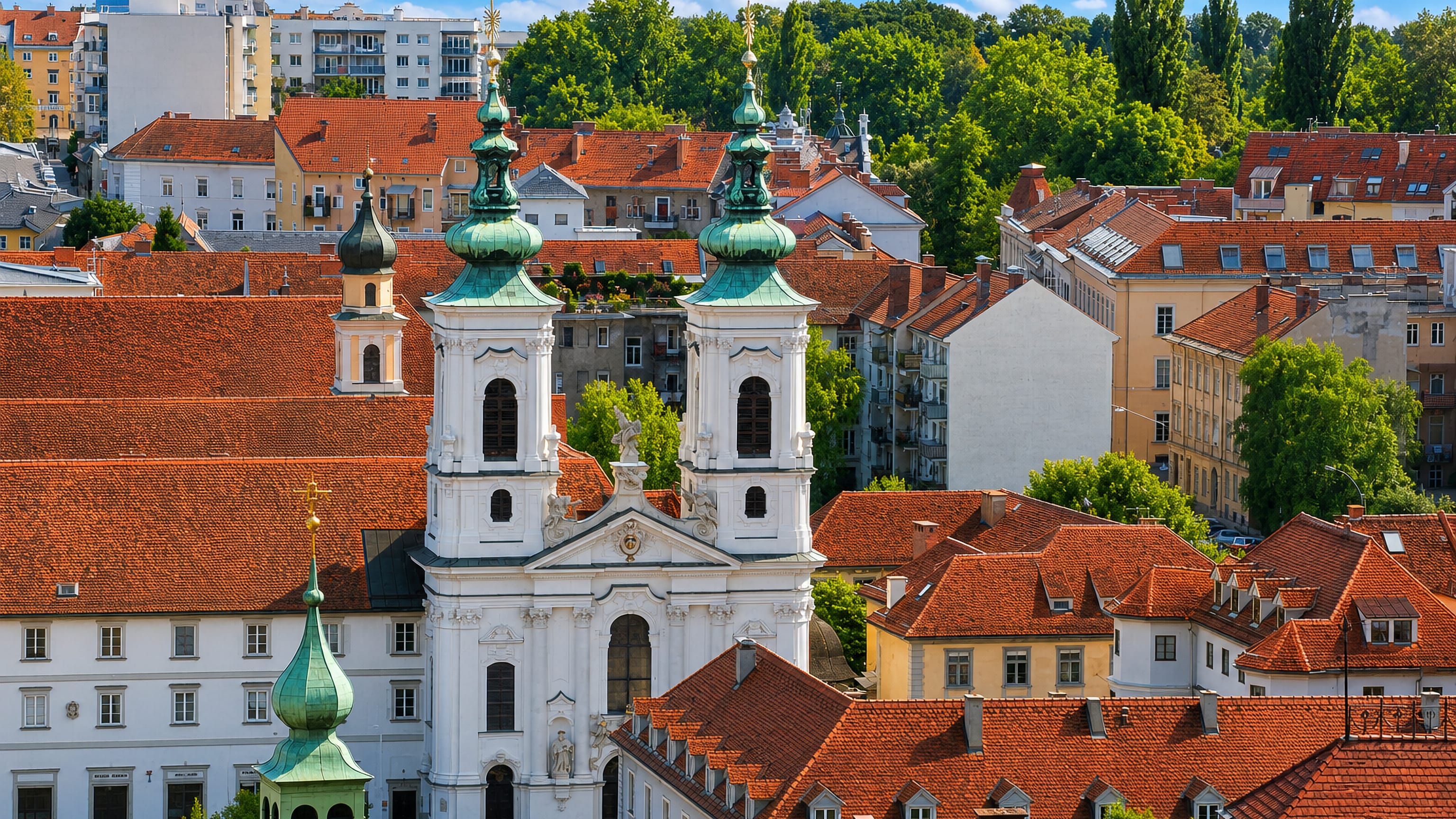 Twin baroque church towers with green onion domes rising over red-tiled rooftops in Lend, Graz.