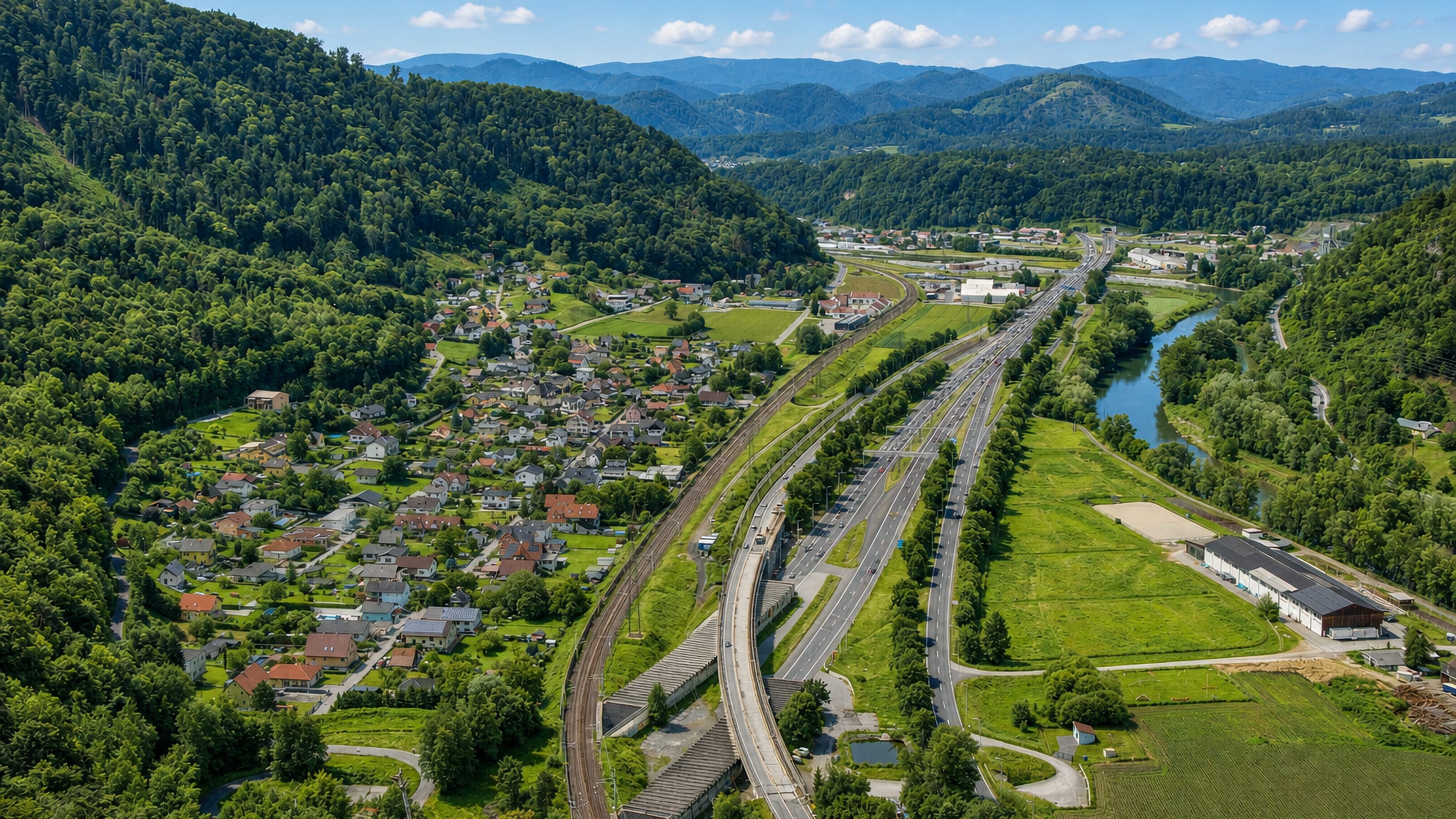 Raach near Graz, a Styrian village on a wooded valley floor where a motorway, railway and river run side by side.