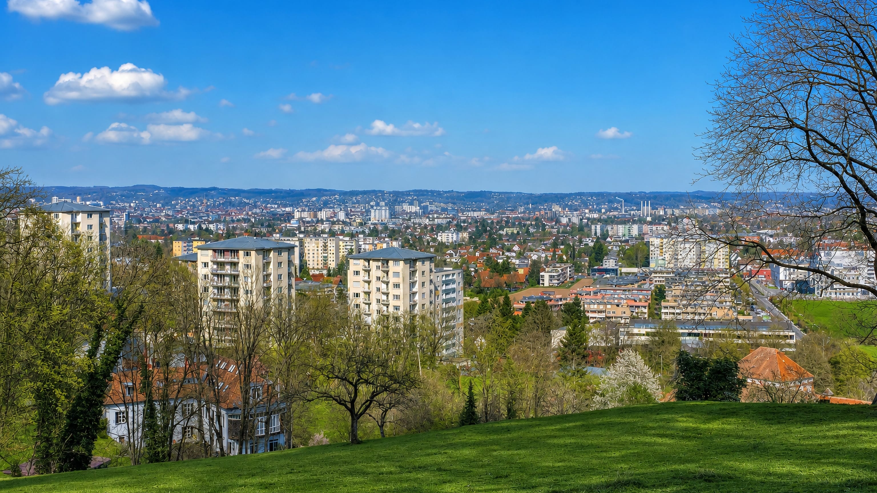 View from a green hillside over Wetzelsdorf's white apartment towers to Graz across the valley
