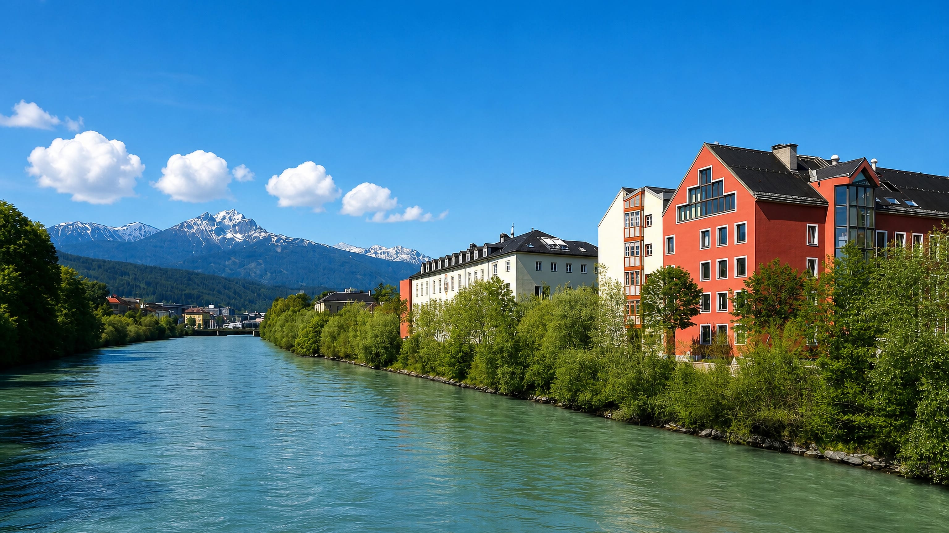 Turquoise Inn river flowing past riverside houses with snow-capped Alps behind at Mariahilf, Innsbruck.