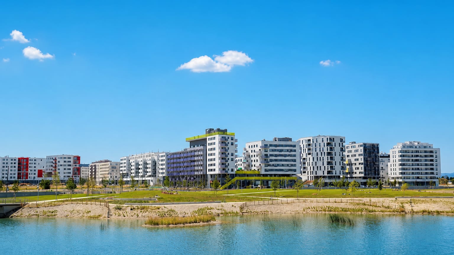 Modern white apartment blocks lining the Aspern lake in the Seestadt district of Vienna