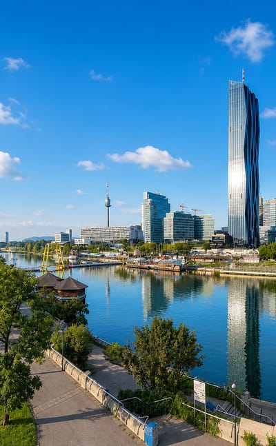 Vienna's Donau City skyline with the twisted DC Tower and Danube Tower reflected in the New Danube on a sunny day.
